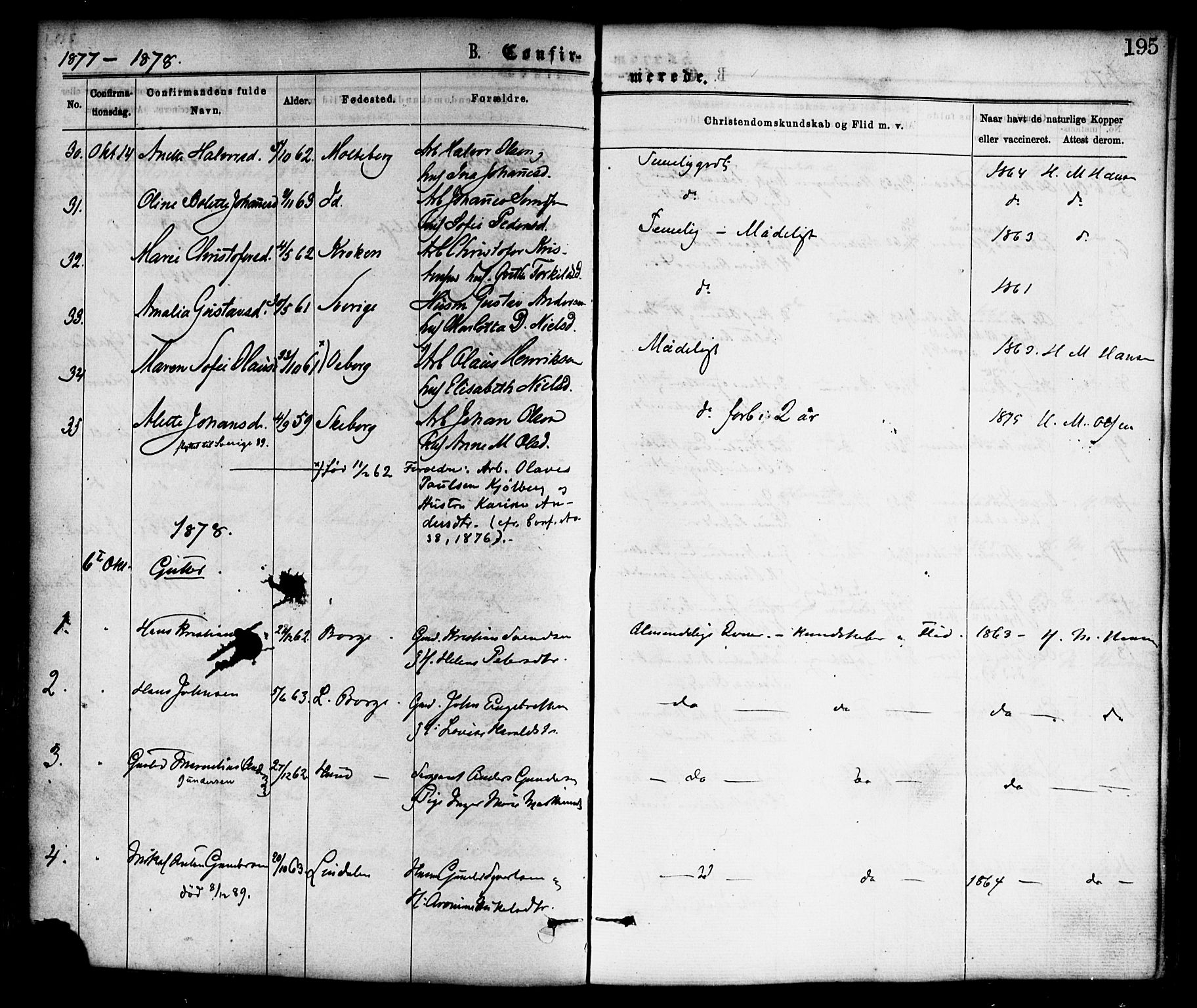 Borge prestekontor Kirkebøker, SAO/A-10903/F/Fa/L0007: Parish register (official) no. I 7, 1875-1886, p. 195