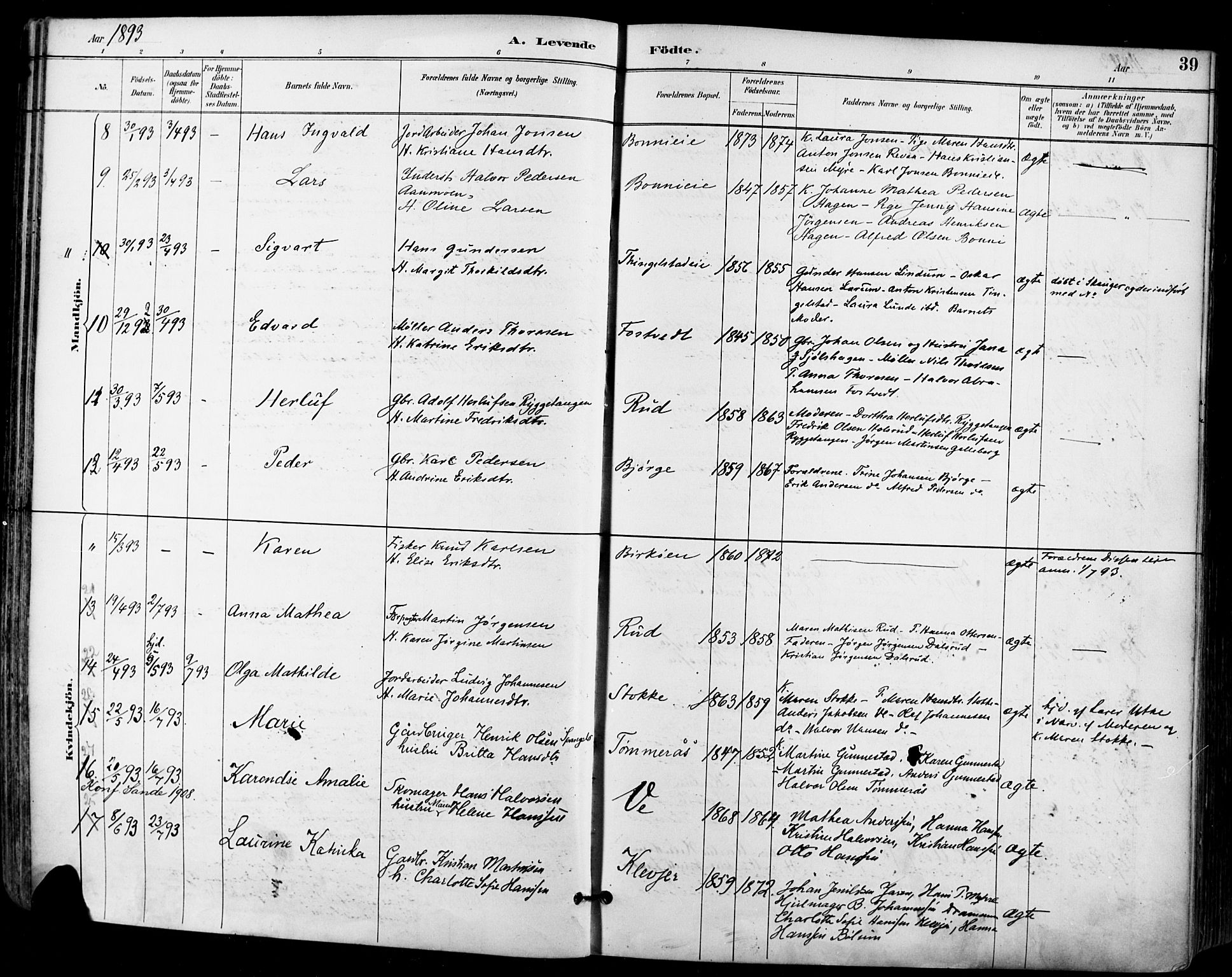 Sande Kirkebøker, AV/SAKO-A-53/F/Fa/L0007: Parish register (official) no. 7, 1888-1903, p. 39