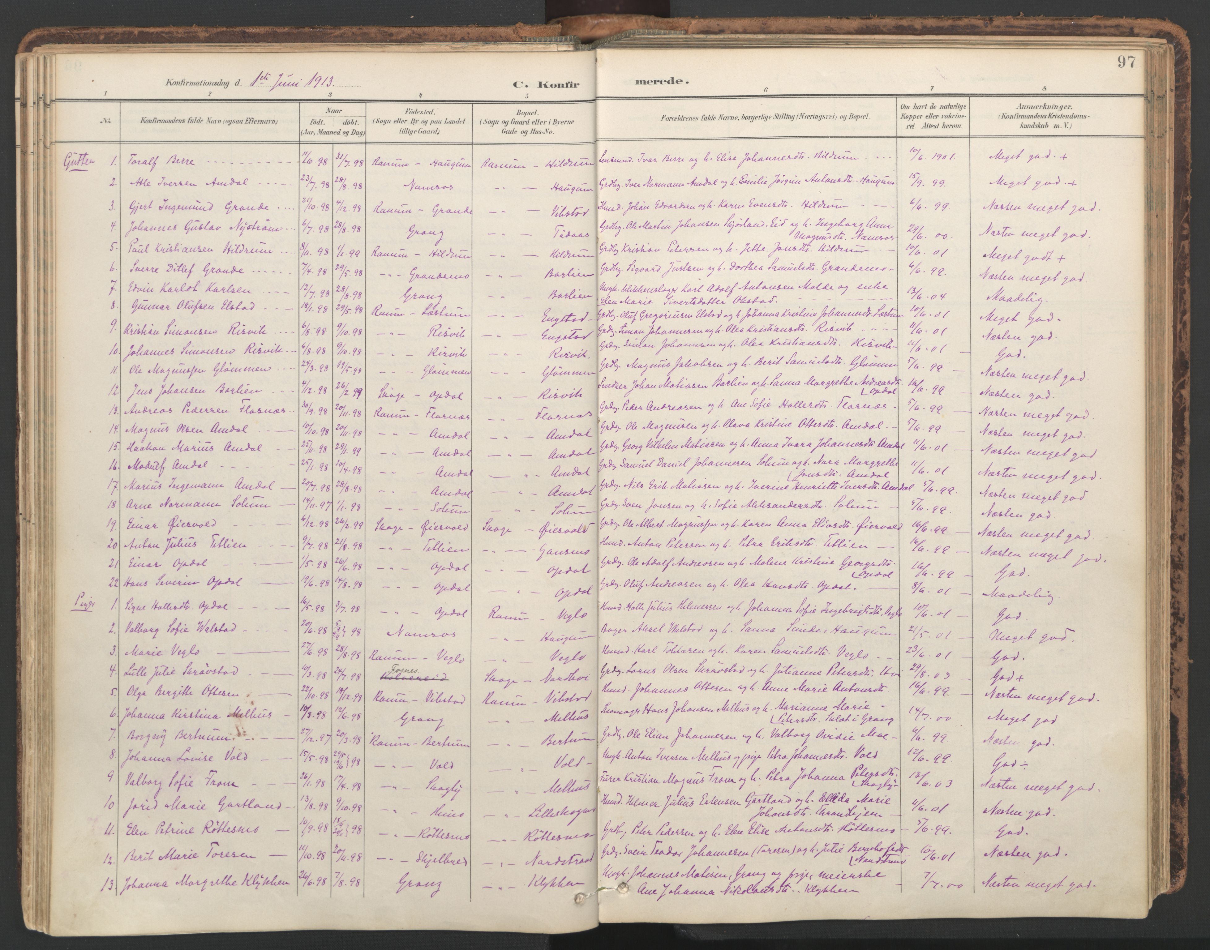 Ministerialprotokoller, klokkerbøker og fødselsregistre - Nord-Trøndelag, SAT/A-1458/764/L0556: Parish register (official) no. 764A11, 1897-1924, p. 97