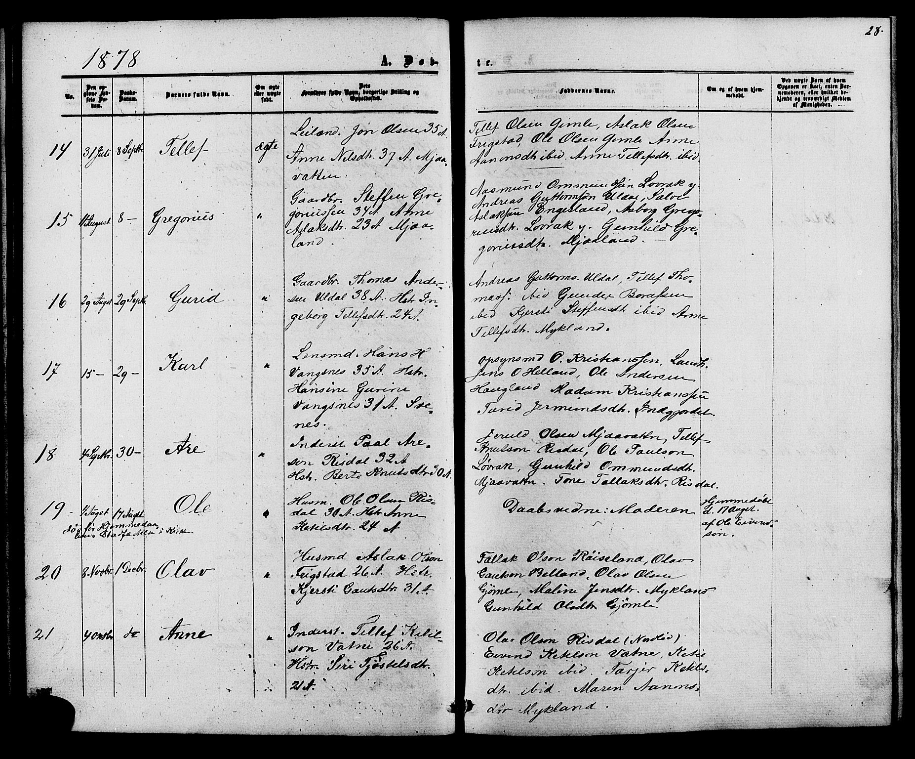 Herefoss sokneprestkontor, AV/SAK-1111-0019/F/Fb/Fbc/L0002: Parish register (copy) no. B 2, 1867-1886, p. 28