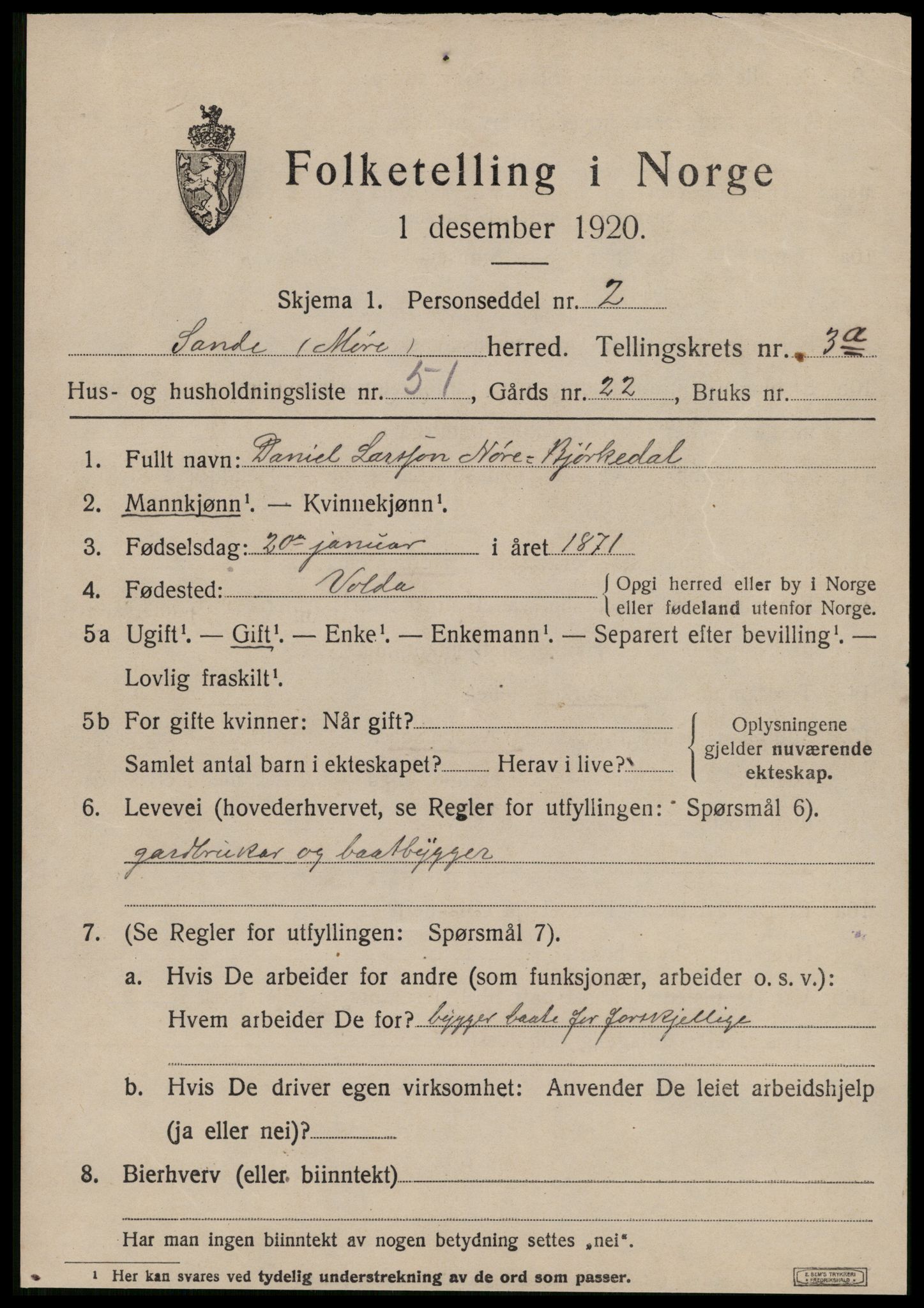 SAT, 1920 census for Sande (MR), 1920, p. 2698