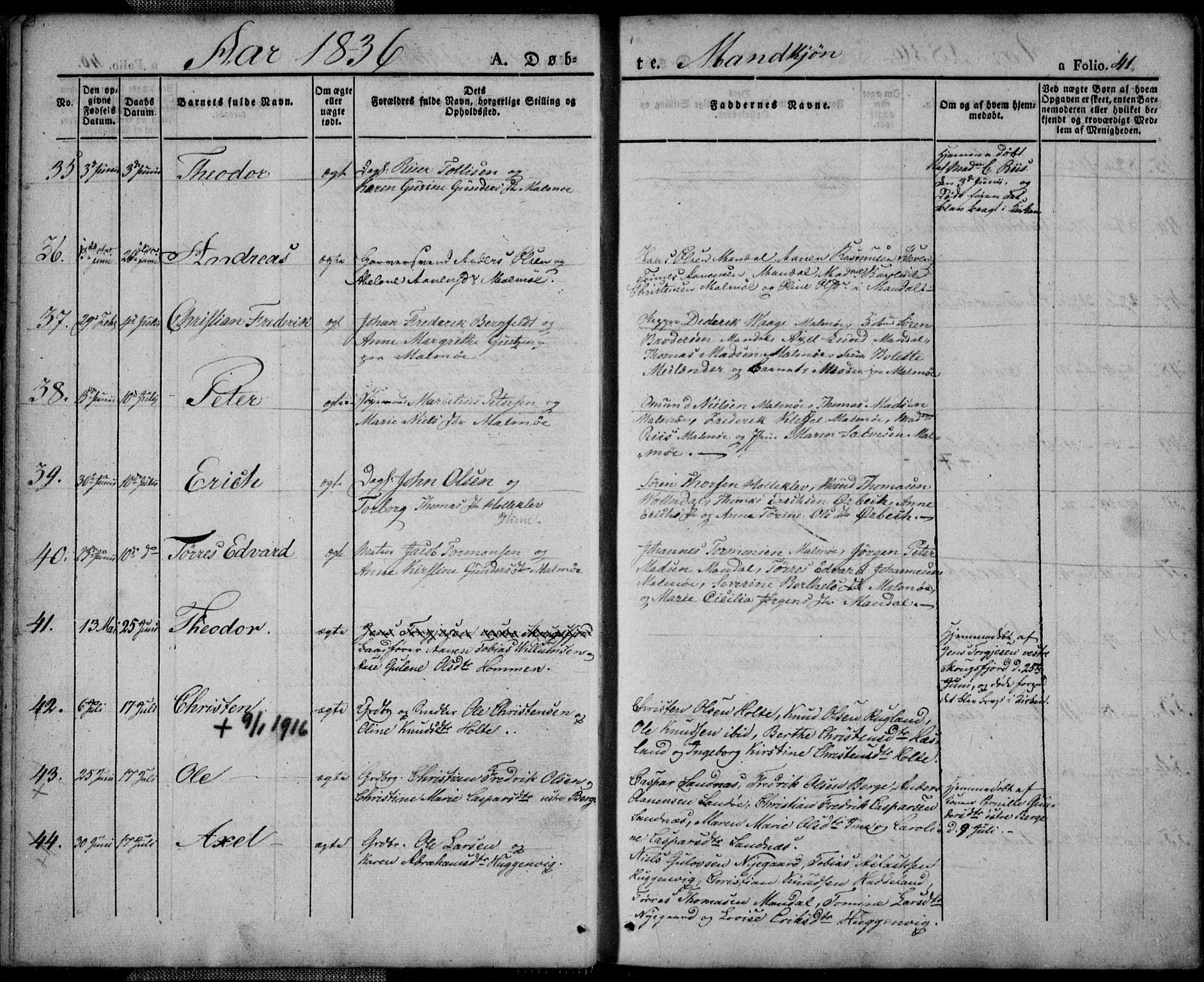 Mandal sokneprestkontor, AV/SAK-1111-0030/F/Fa/Faa/L0011: Parish register (official) no. A 11, 1830-1839, p. 41