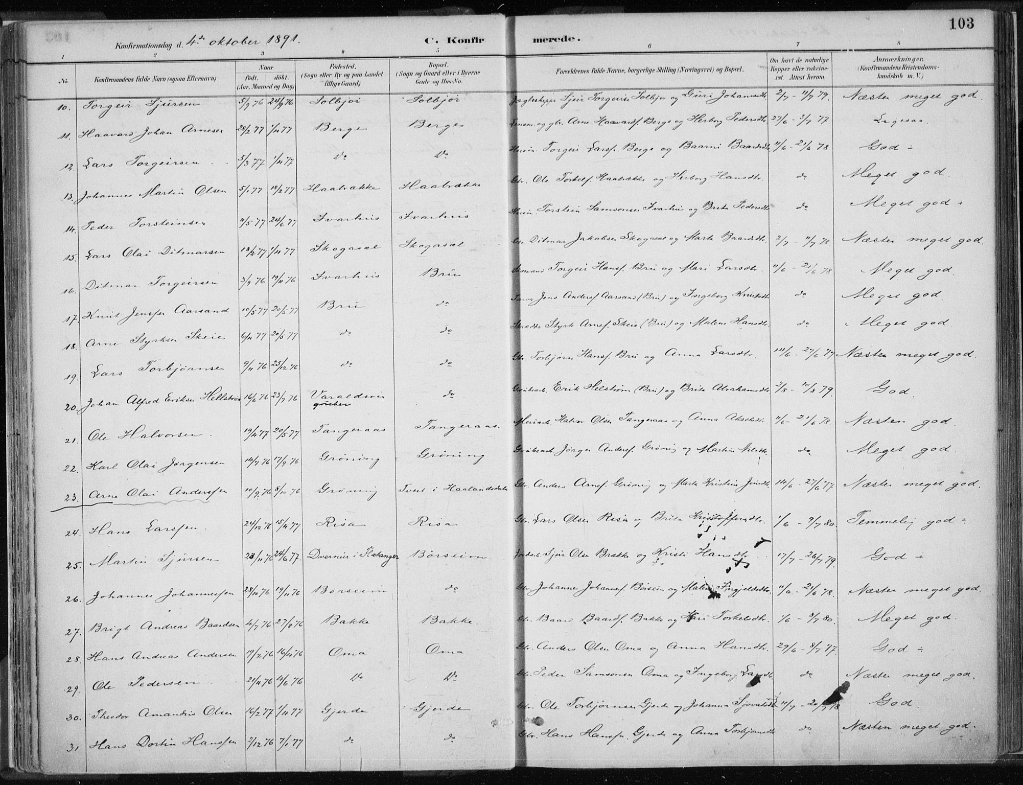 Strandebarm sokneprestembete, AV/SAB-A-78401/H/Haa: Parish register (official) no. B  1, 1886-1908, p. 103