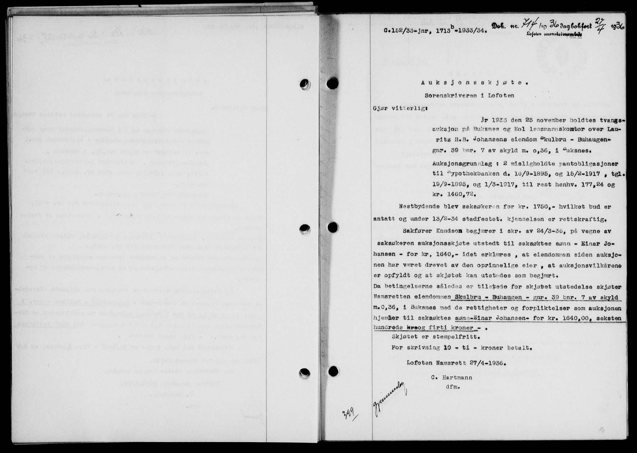 Lofoten sorenskriveri, AV/SAT-A-0017/1/2/2C/L0033b: Mortgage book no. 33b, 1936-1936, Diary no: : 714/1936