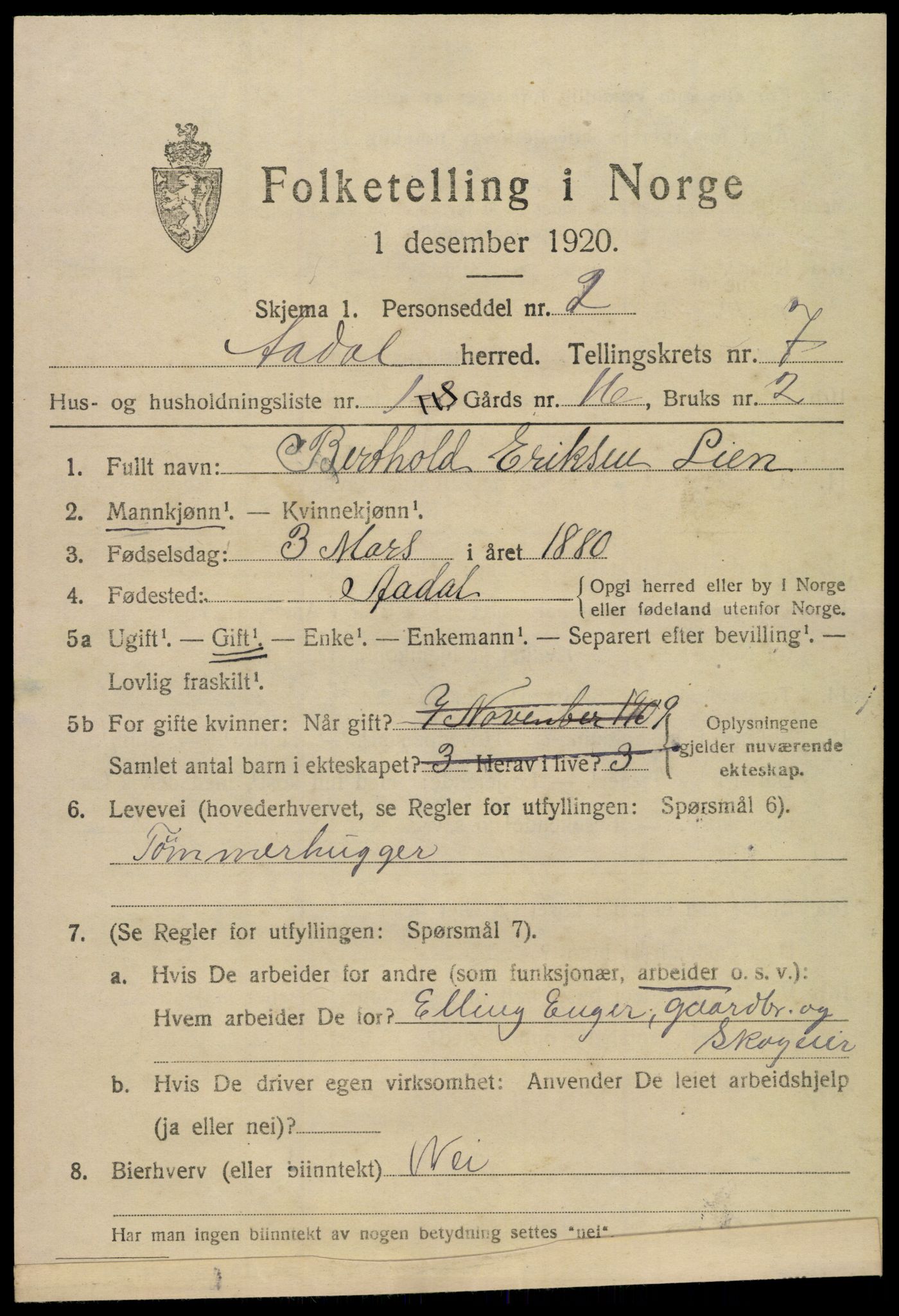 SAKO, 1920 census for Ådal, 1920, p. 4988