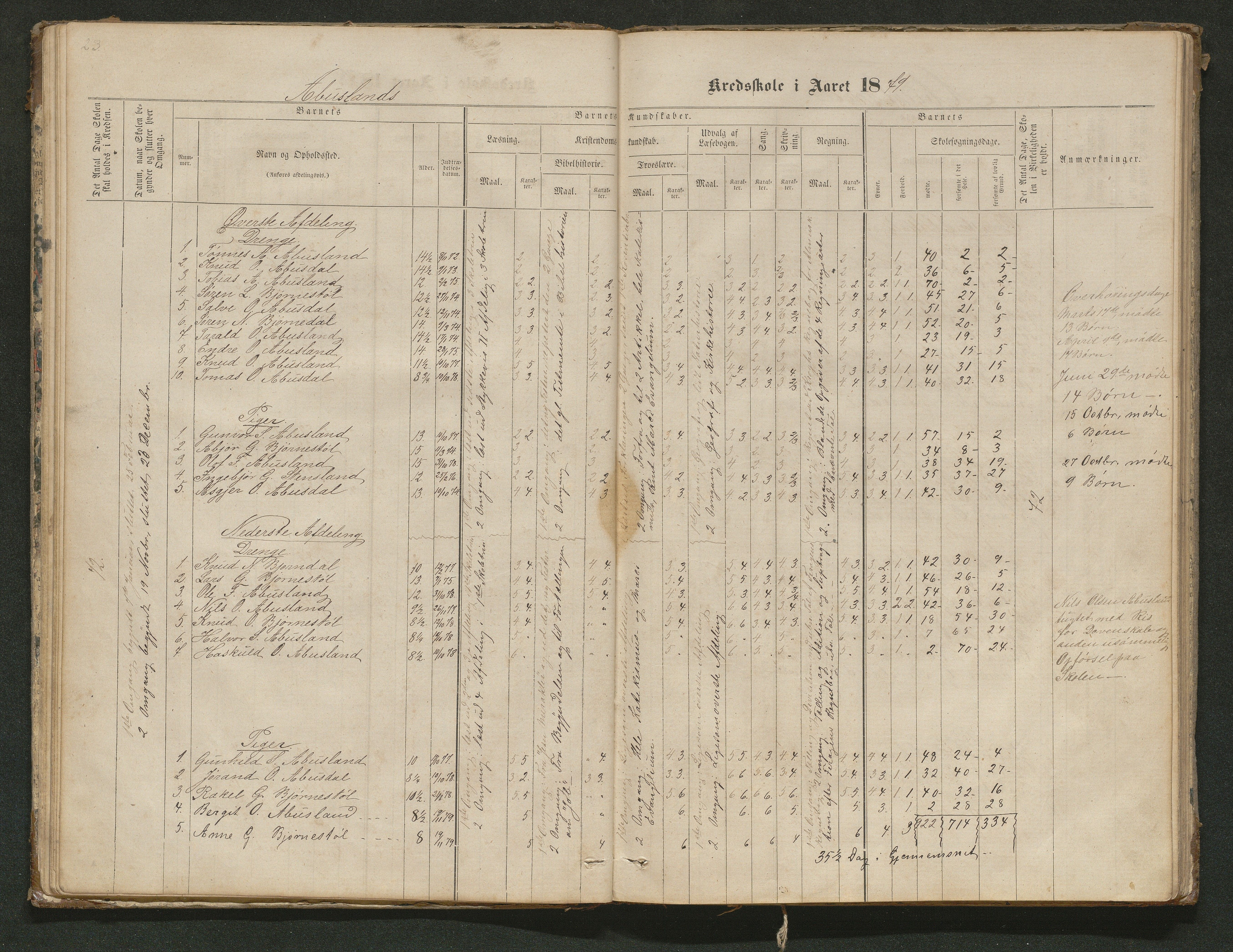 Hornnes kommune, Tønnesvold, Abusland skolekretser, AAKS/KA0936-550g/F1/L0001: Skoleprotokoll Abusland, Tønnesvold, 1864-1896, p. 23