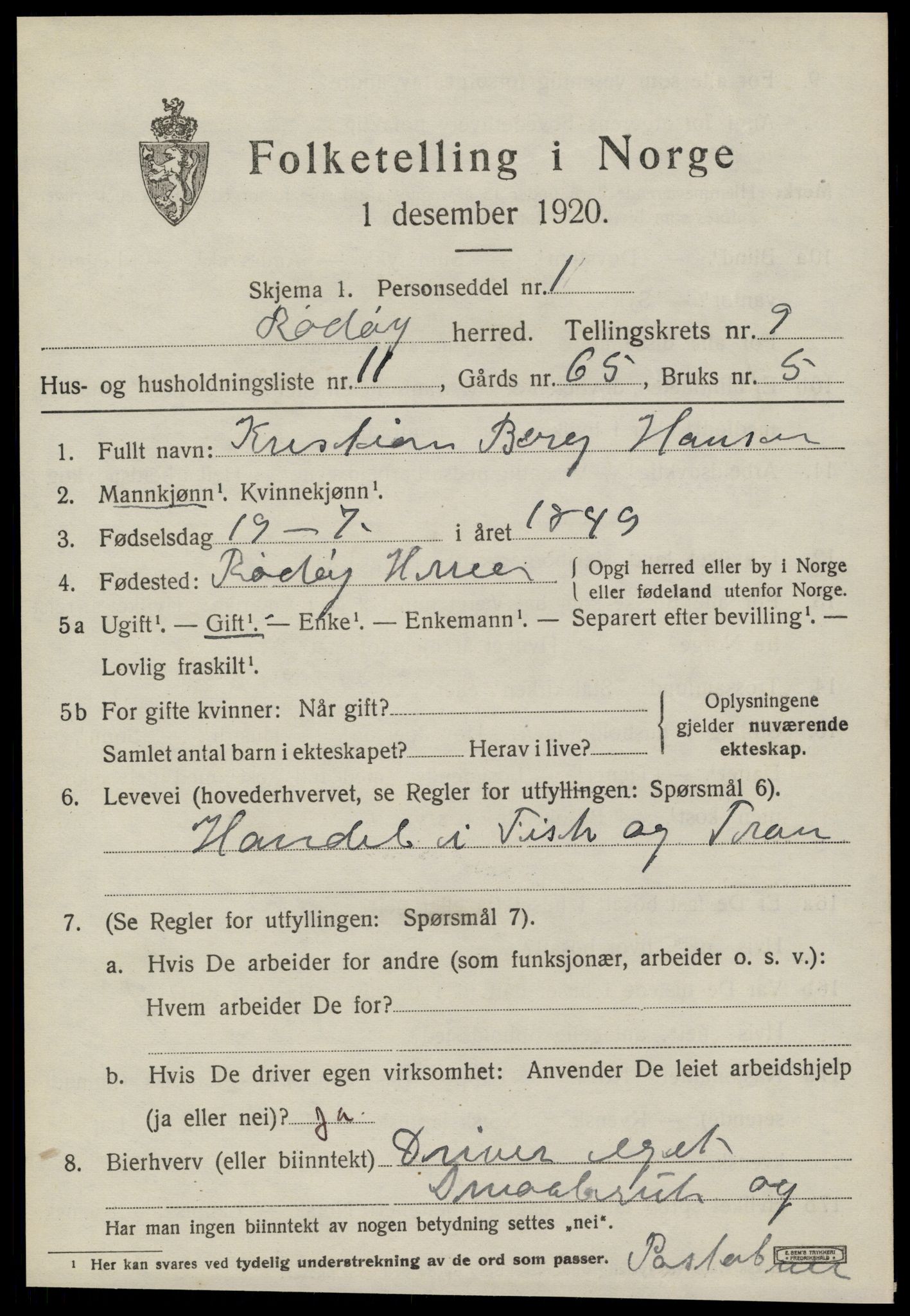 SAT, 1920 census for Rødøy, 1920, p. 5198