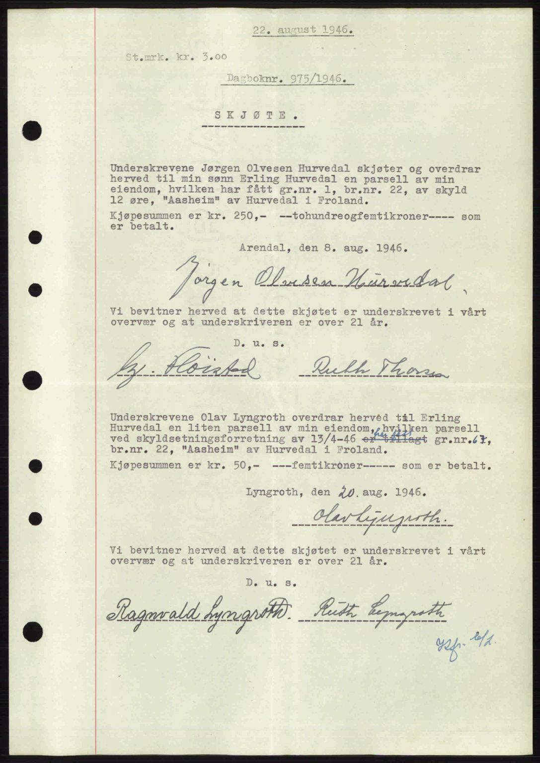 Nedenes sorenskriveri, SAK/1221-0006/G/Gb/Gba/L0055: Mortgage book no. A7, 1946-1946, Diary no: : 975/1946