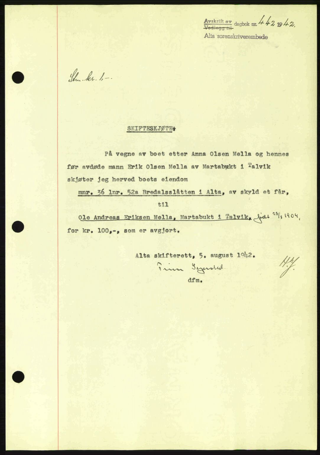 Alta fogderi/sorenskriveri, SATØ/SATØ-5/1/K/Kd/L0033pantebok: Mortgage book no. 33, 1940-1943, Diary no: : 442/1942