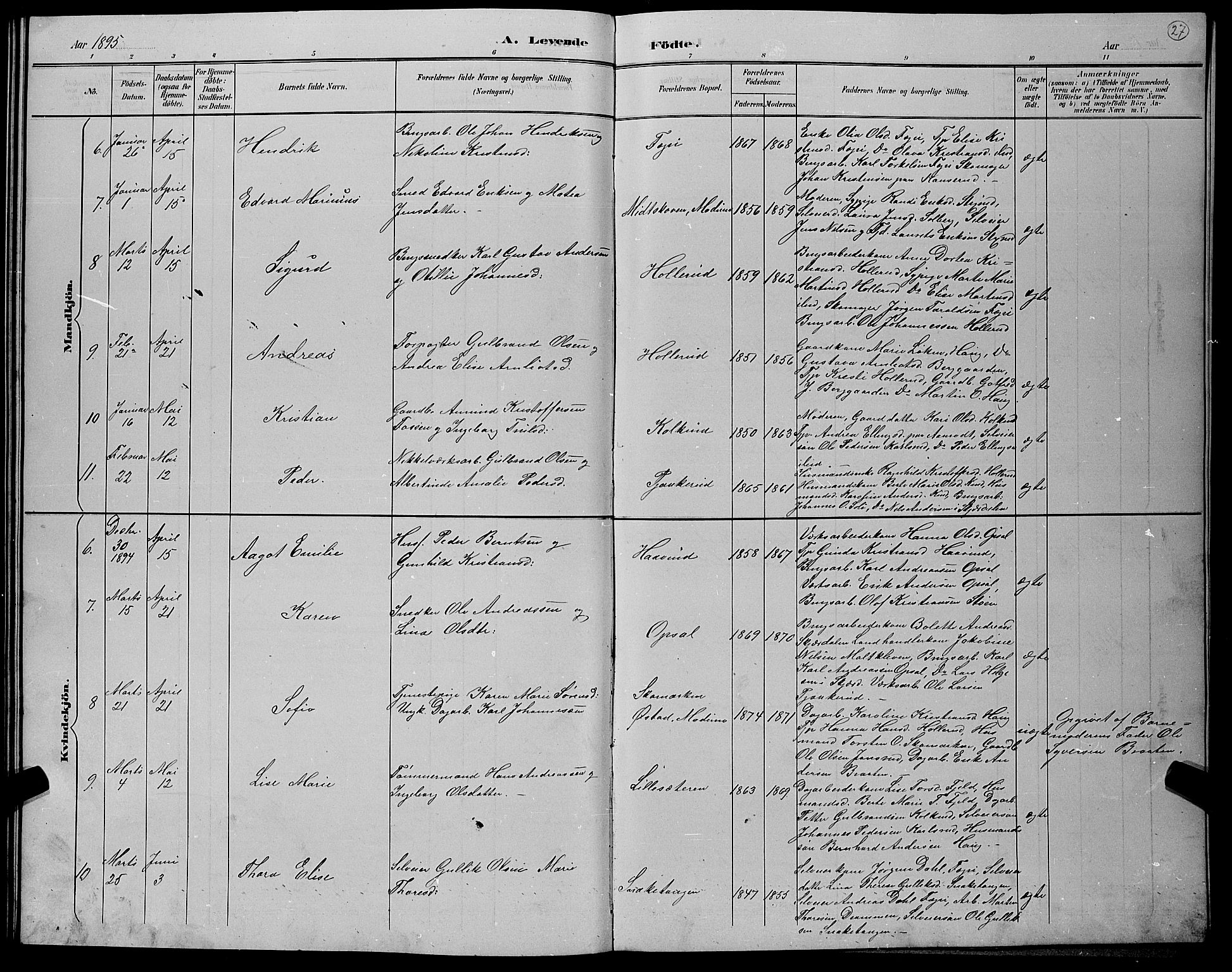 Hole kirkebøker, AV/SAKO-A-228/G/Gb/L0003: Parish register (copy) no. II 3, 1890-1901, p. 27