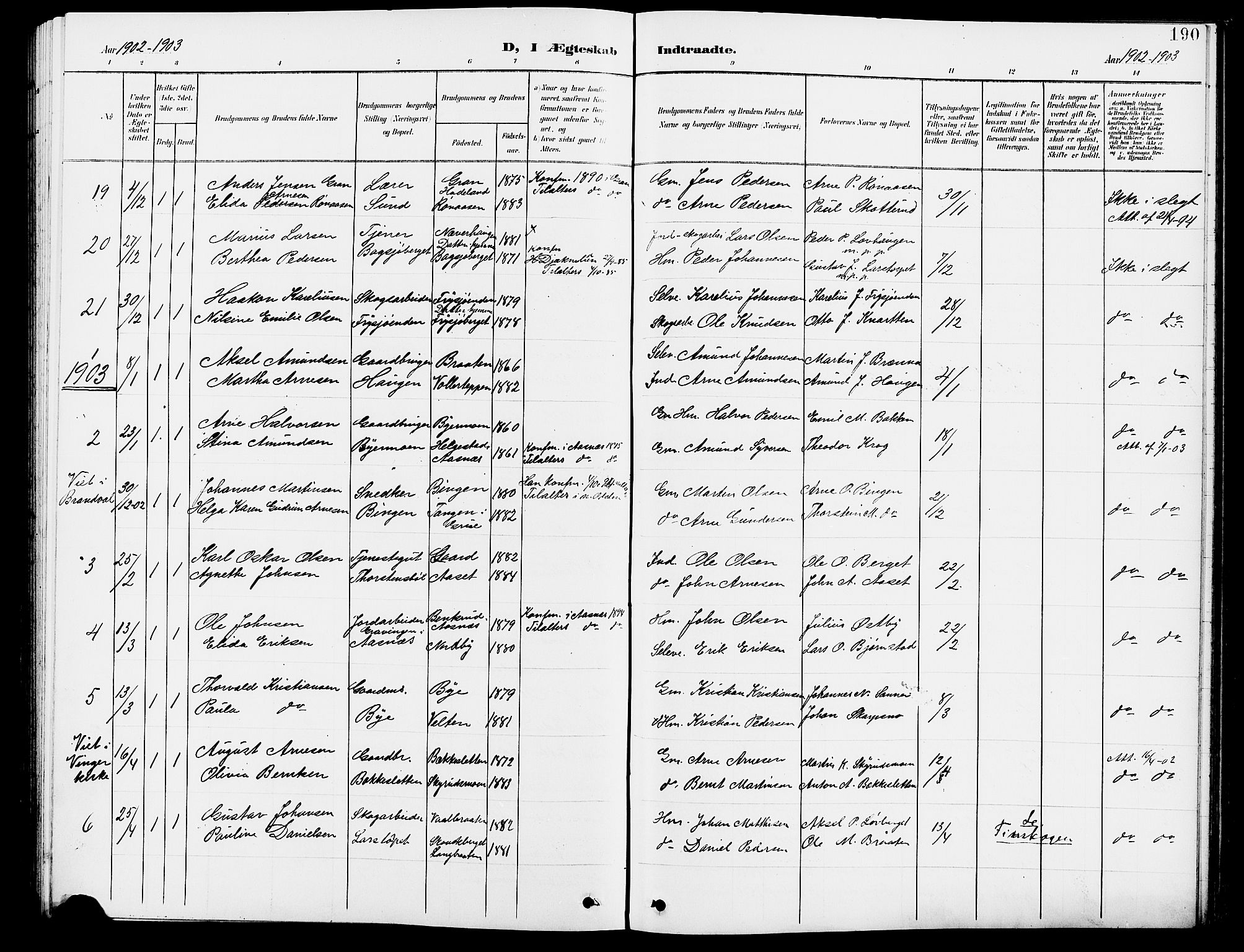 Grue prestekontor, SAH/PREST-036/H/Ha/Hab/L0005: Parish register (copy) no. 5, 1900-1909, p. 190