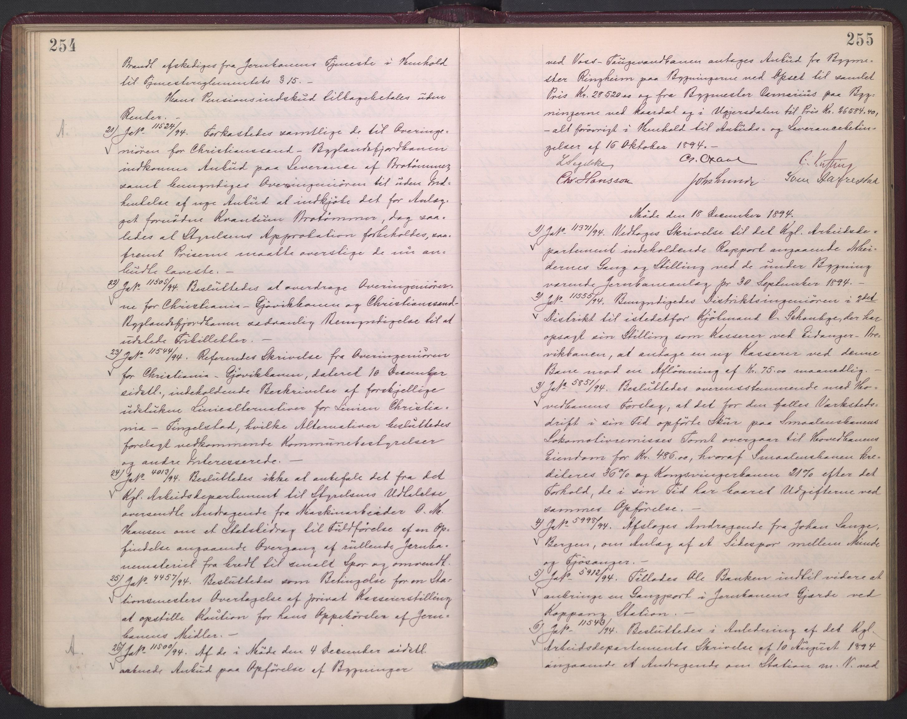 Norges statsbaner, Administrasjons- økonomi- og personalavdelingen, AV/RA-S-3412/A/Aa/L0002a: Forhandlingsprotokoll, 1893-1895, p. 254-255