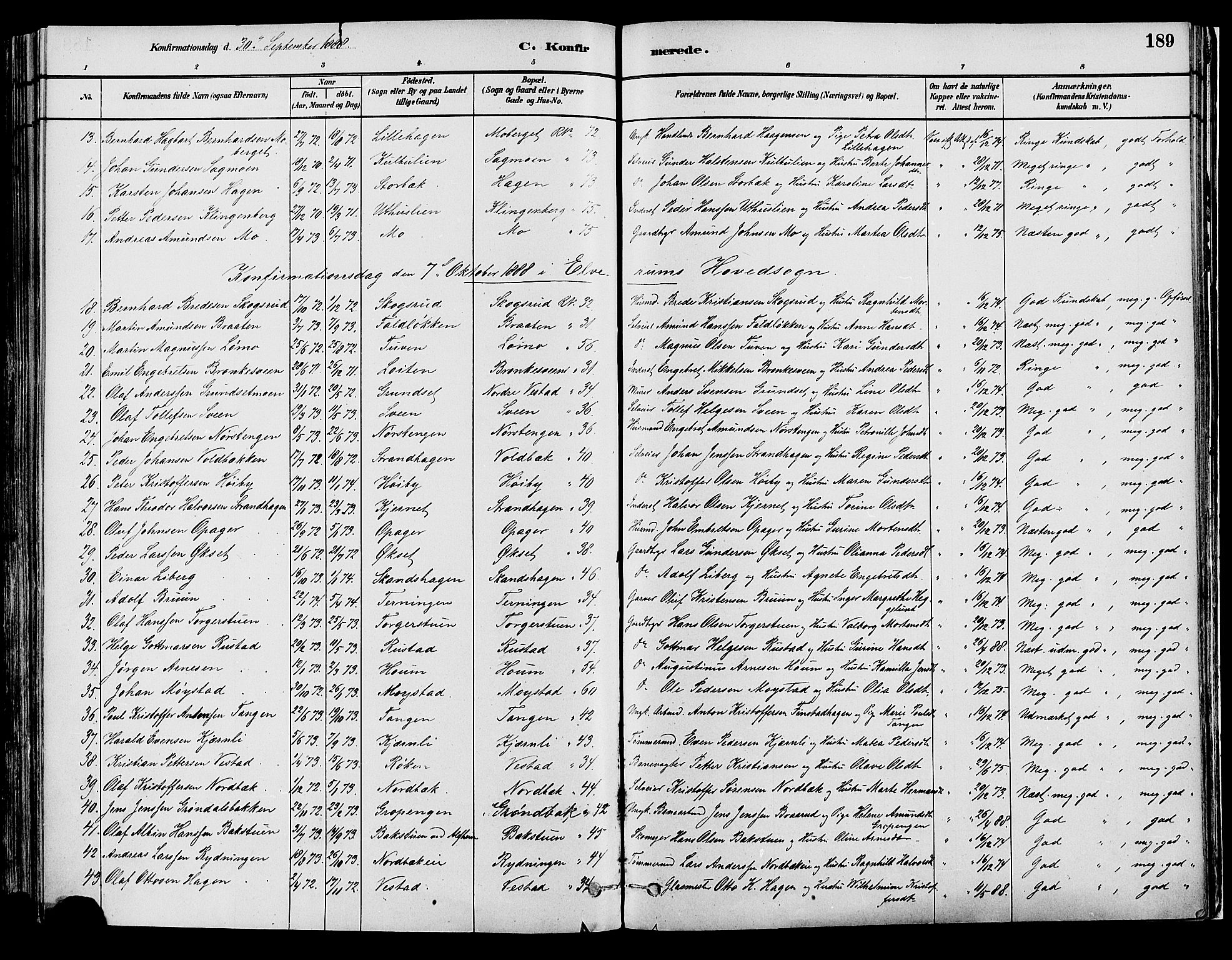 Elverum prestekontor, AV/SAH-PREST-044/H/Ha/Haa/L0013: Parish register (official) no. 13, 1880-1890, p. 189