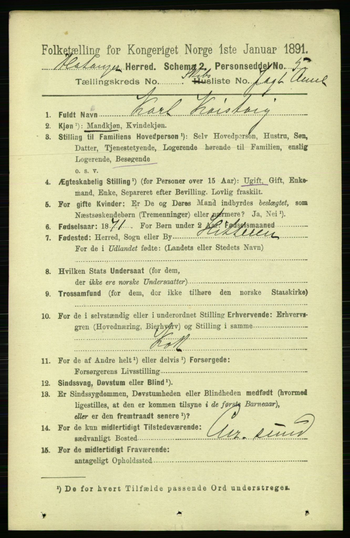 RA, 1891 census for 1749 Flatanger, 1891, p. 2206