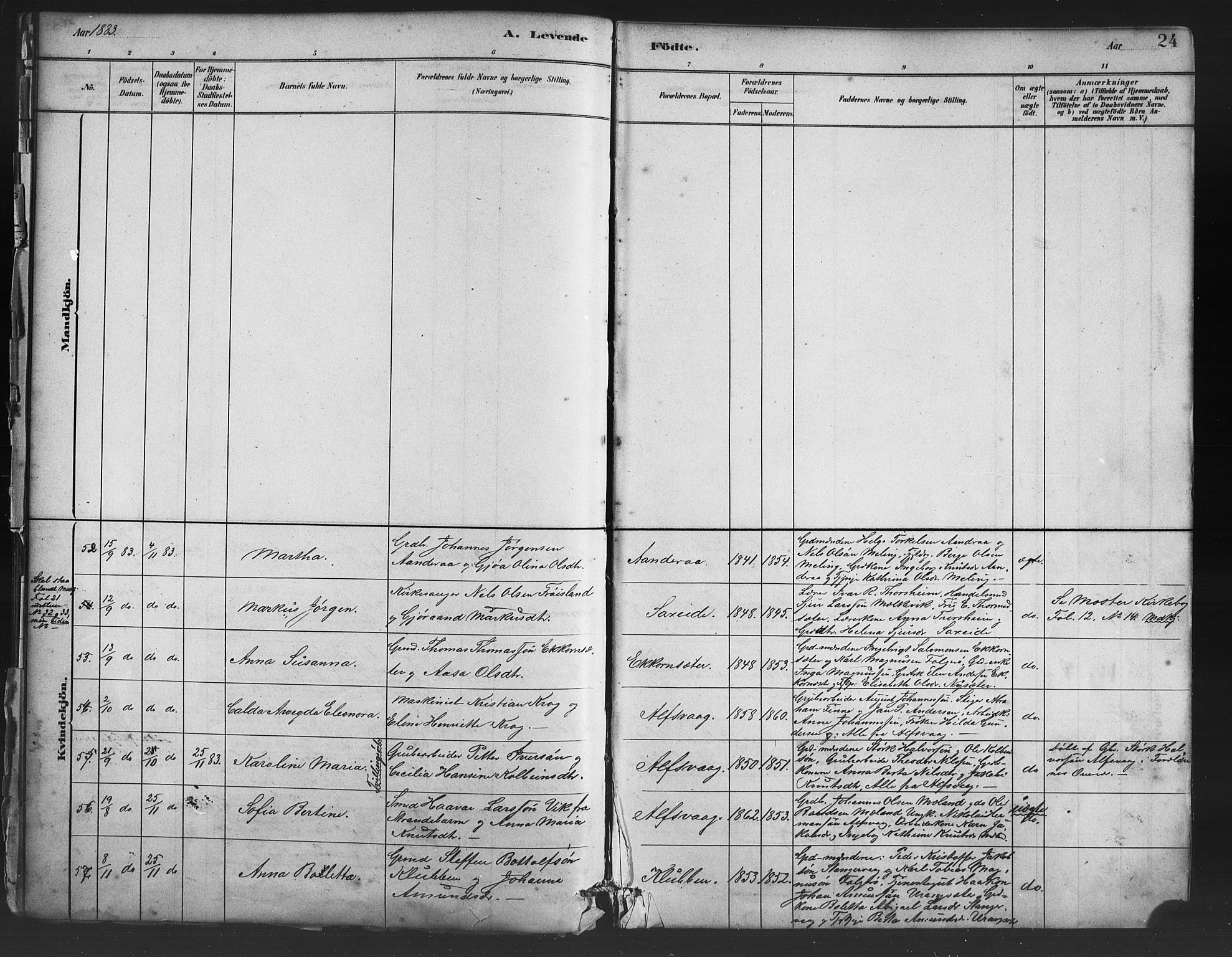 Finnås sokneprestembete, AV/SAB-A-99925/H/Ha/Haa/Haac/L0001: Parish register (official) no. C 1, 1881-1894, p. 24