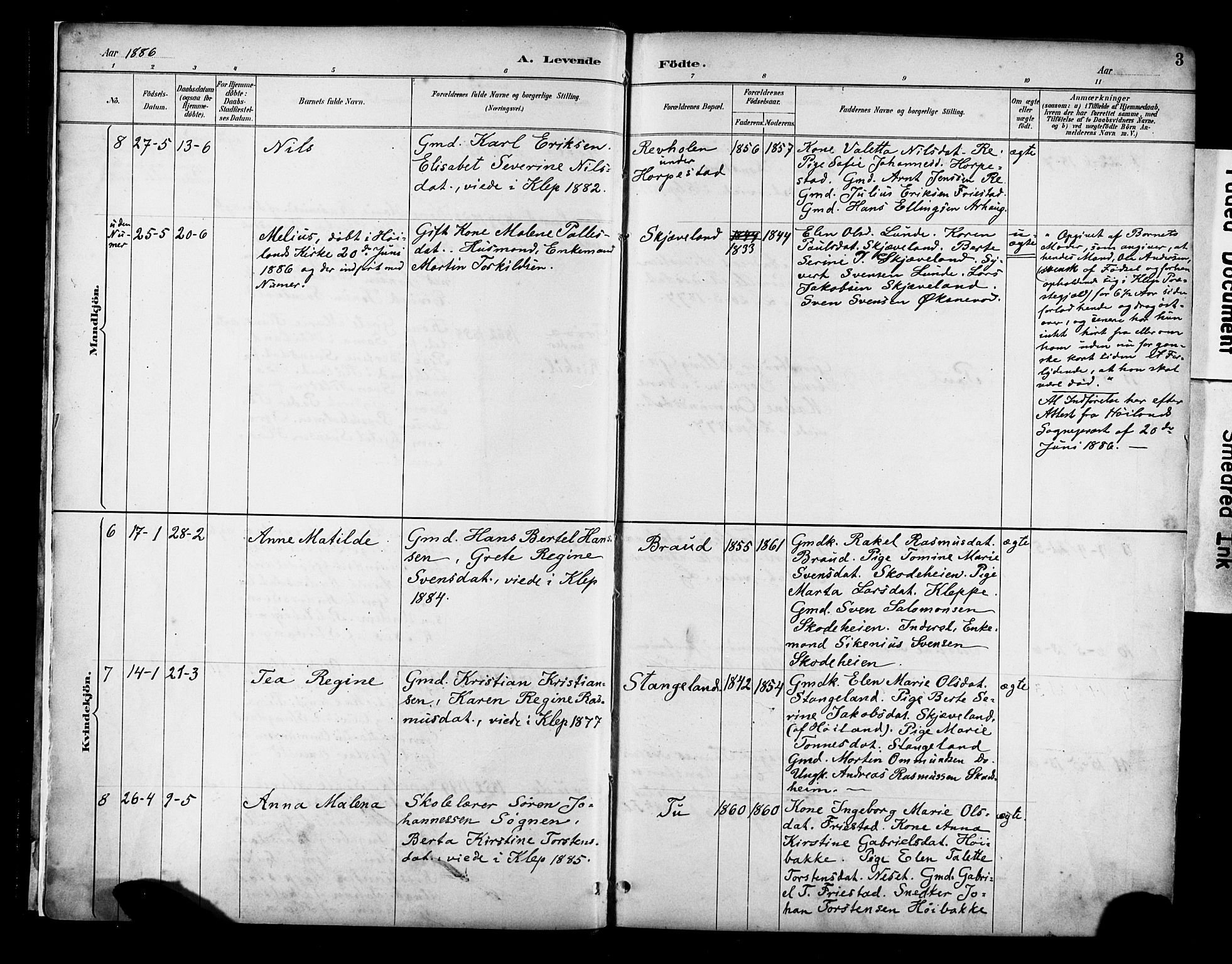 Klepp sokneprestkontor, SAST/A-101803/001/3/30BA/L0009: Parish register (official) no. A 7, 1886-1915, p. 3