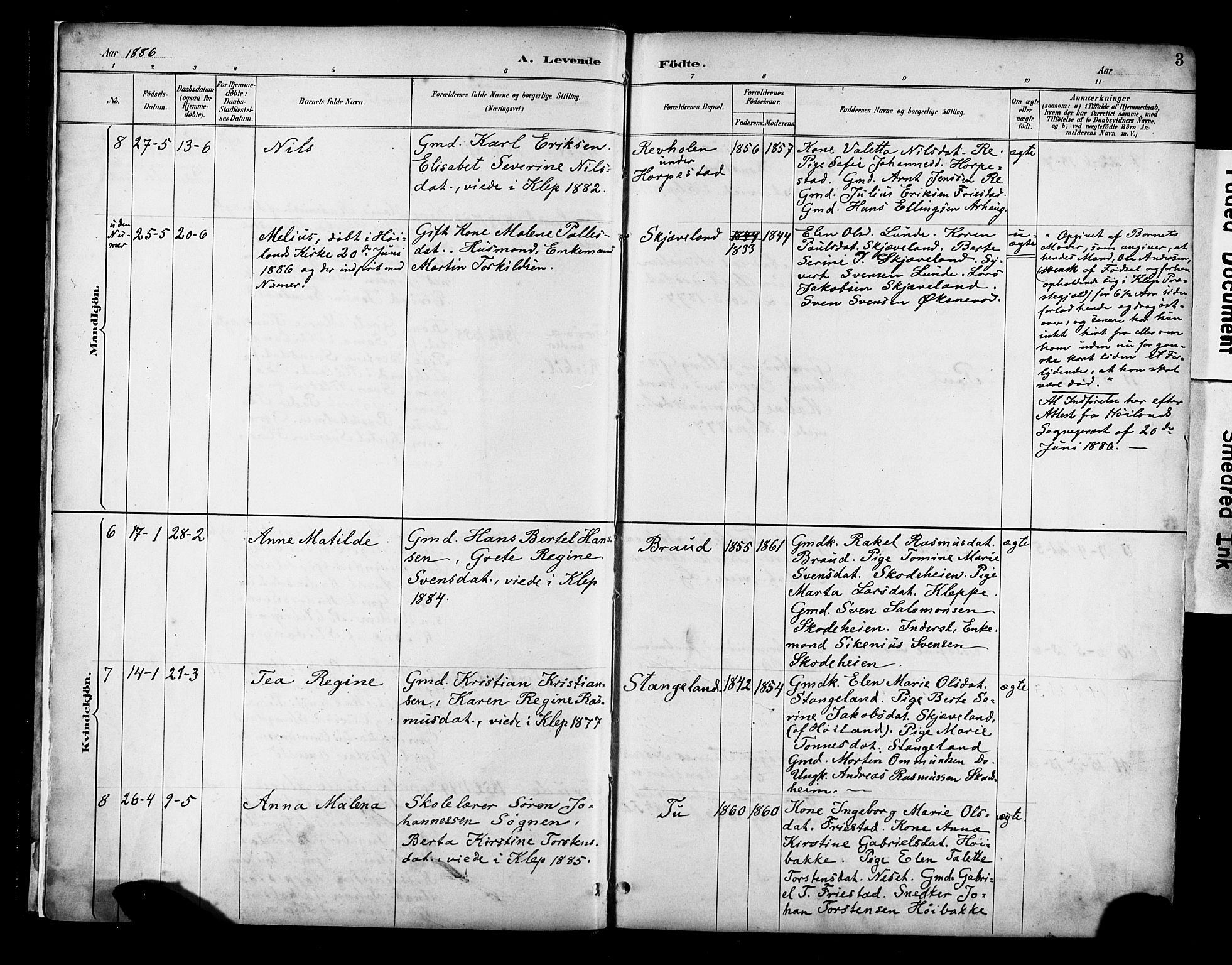 Klepp sokneprestkontor, AV/SAST-A-101803/001/3/30BA/L0009: Parish register (official) no. A 7, 1886-1915, p. 3