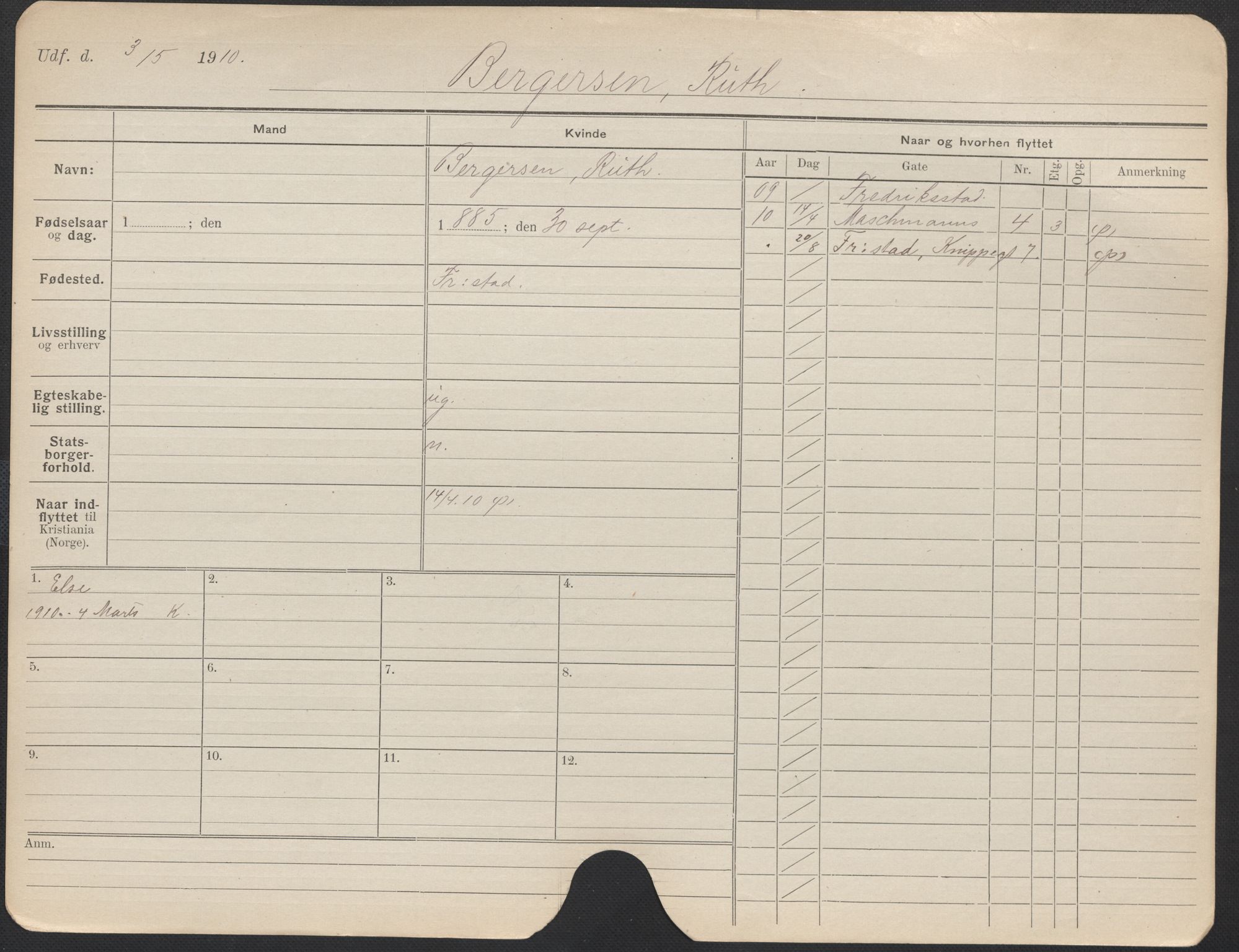 Oslo folkeregister, Registerkort, AV/SAO-A-11715/F/Fa/Fac/L0013: Kvinner, 1906-1914, p. 226a