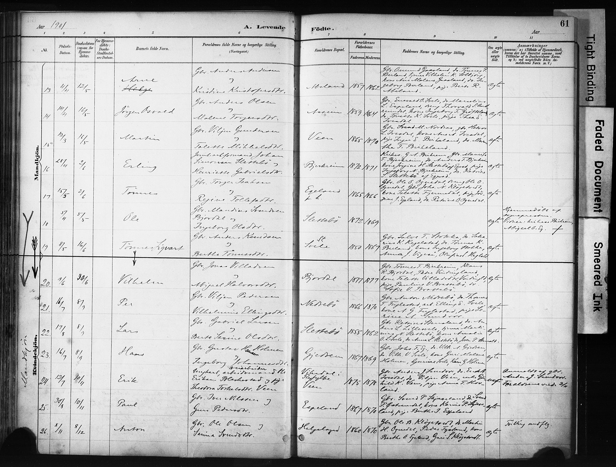 Helleland sokneprestkontor, AV/SAST-A-101810: Parish register (official) no. A 9, 1887-1908, p. 61