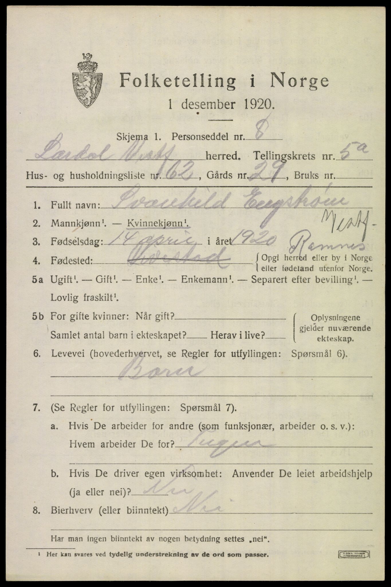 SAKO, 1920 census for Lardal, 1920, p. 5165