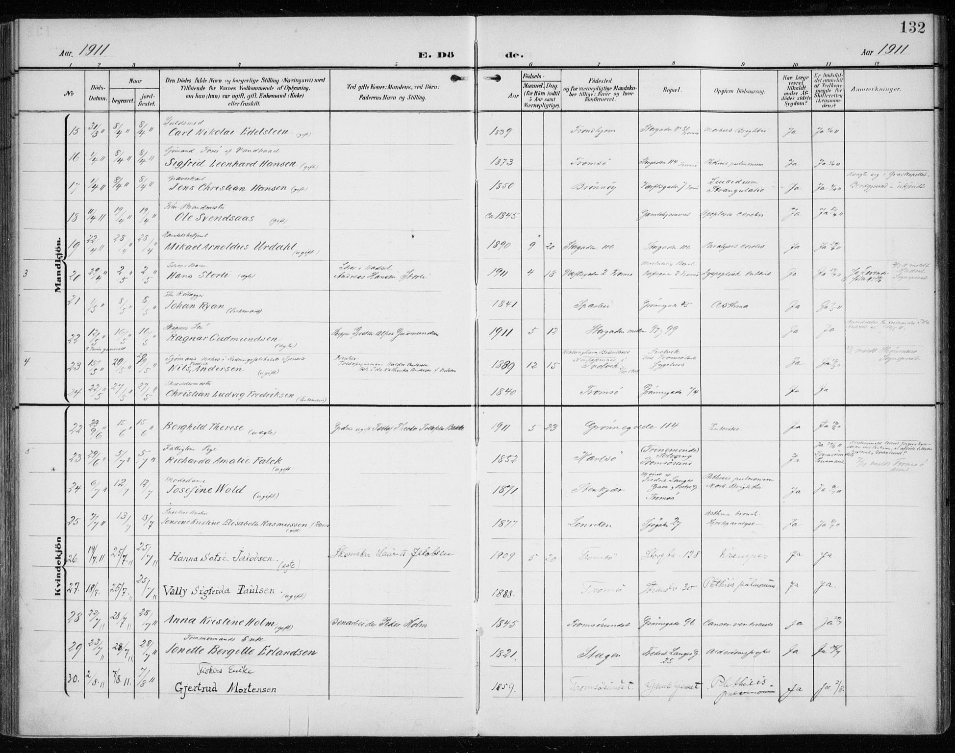 Tromsø sokneprestkontor/stiftsprosti/domprosti, AV/SATØ-S-1343/G/Ga/L0018kirke: Parish register (official) no. 18, 1907-1917, p. 132