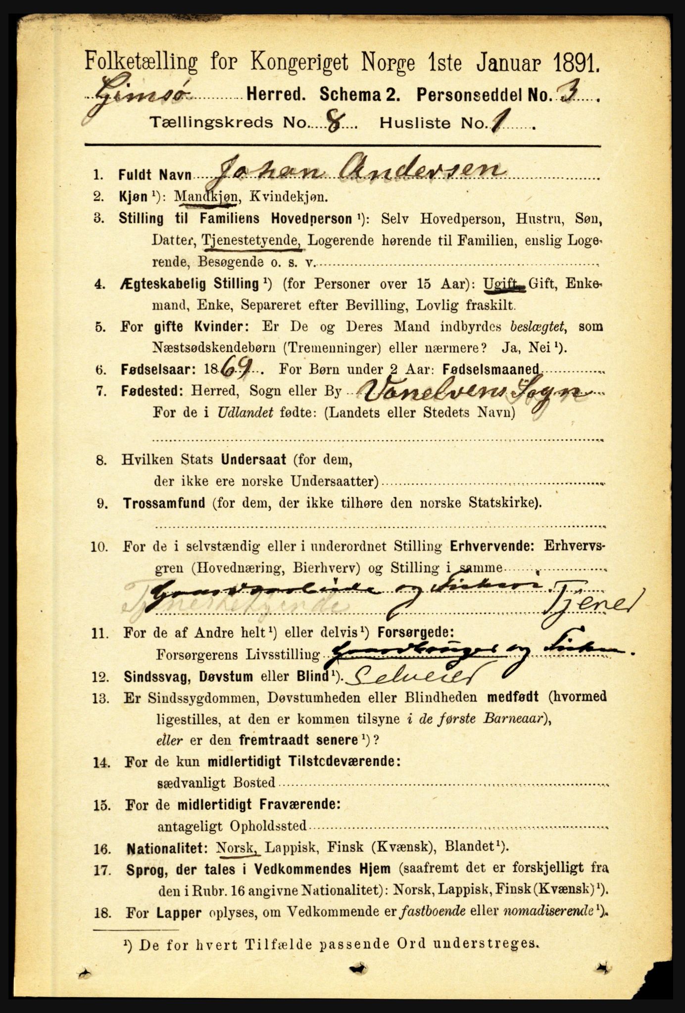 RA, 1891 census for 1864 Gimsøy, 1891, p. 1415