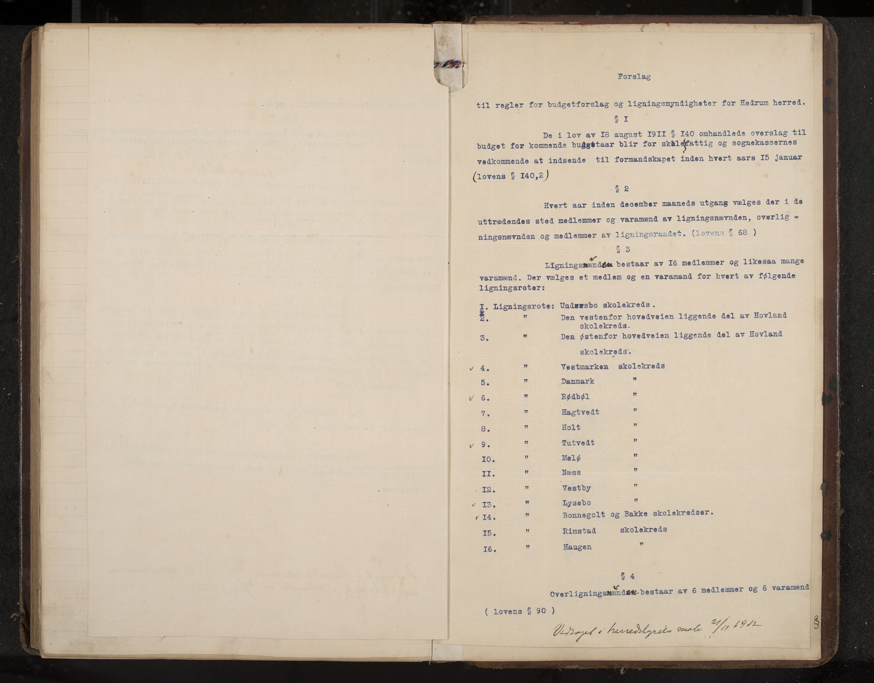 Hedrum formannskap og sentraladministrasjon, IKAK/0727021/A/Aa/L0006: Møtebok med register, 1911-1916