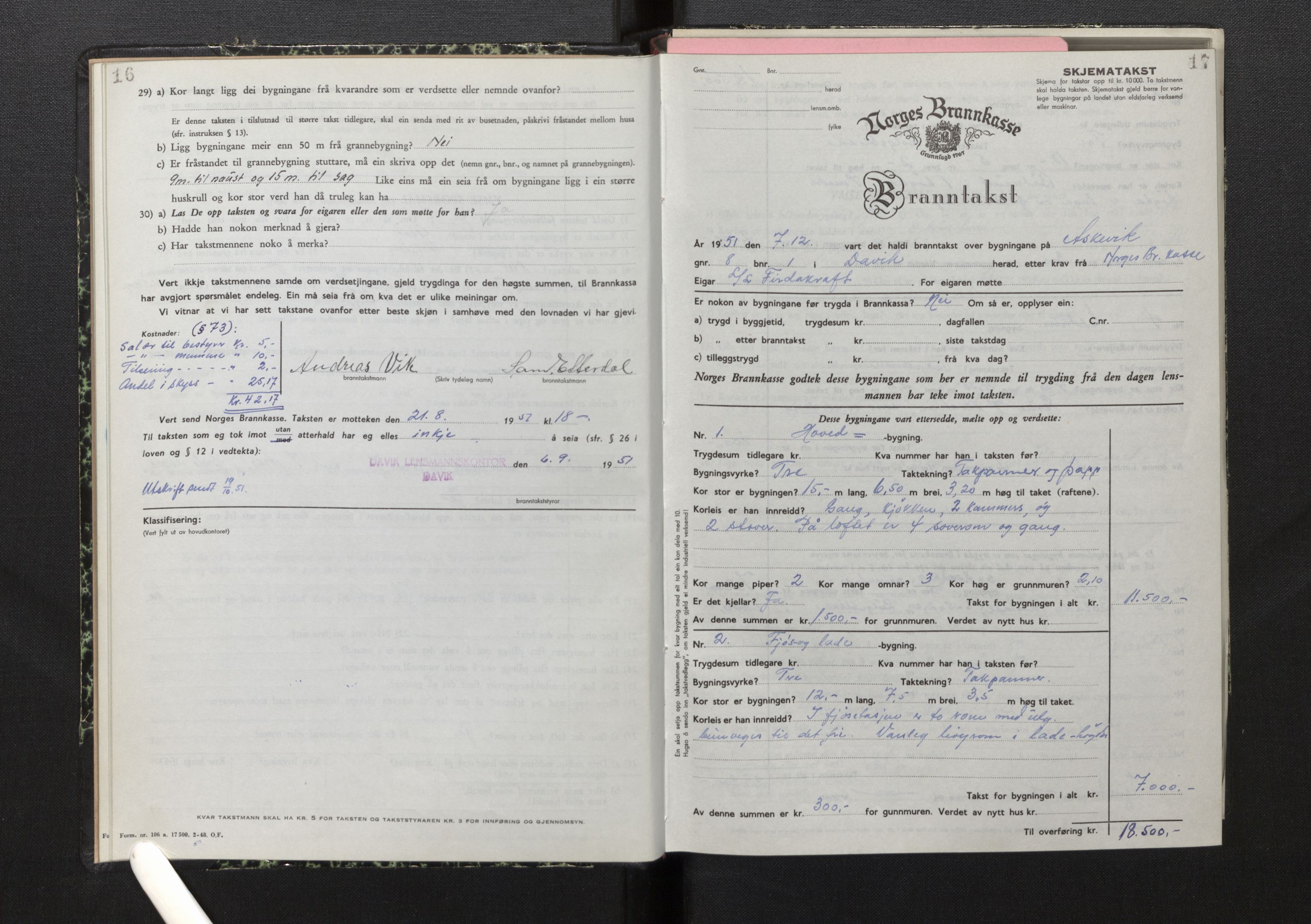 Lensmannen i Davik, AV/SAB-A-26801/0012/L0005: Branntakstprotokoll, skjematakst, 1950-1953, p. 16-17