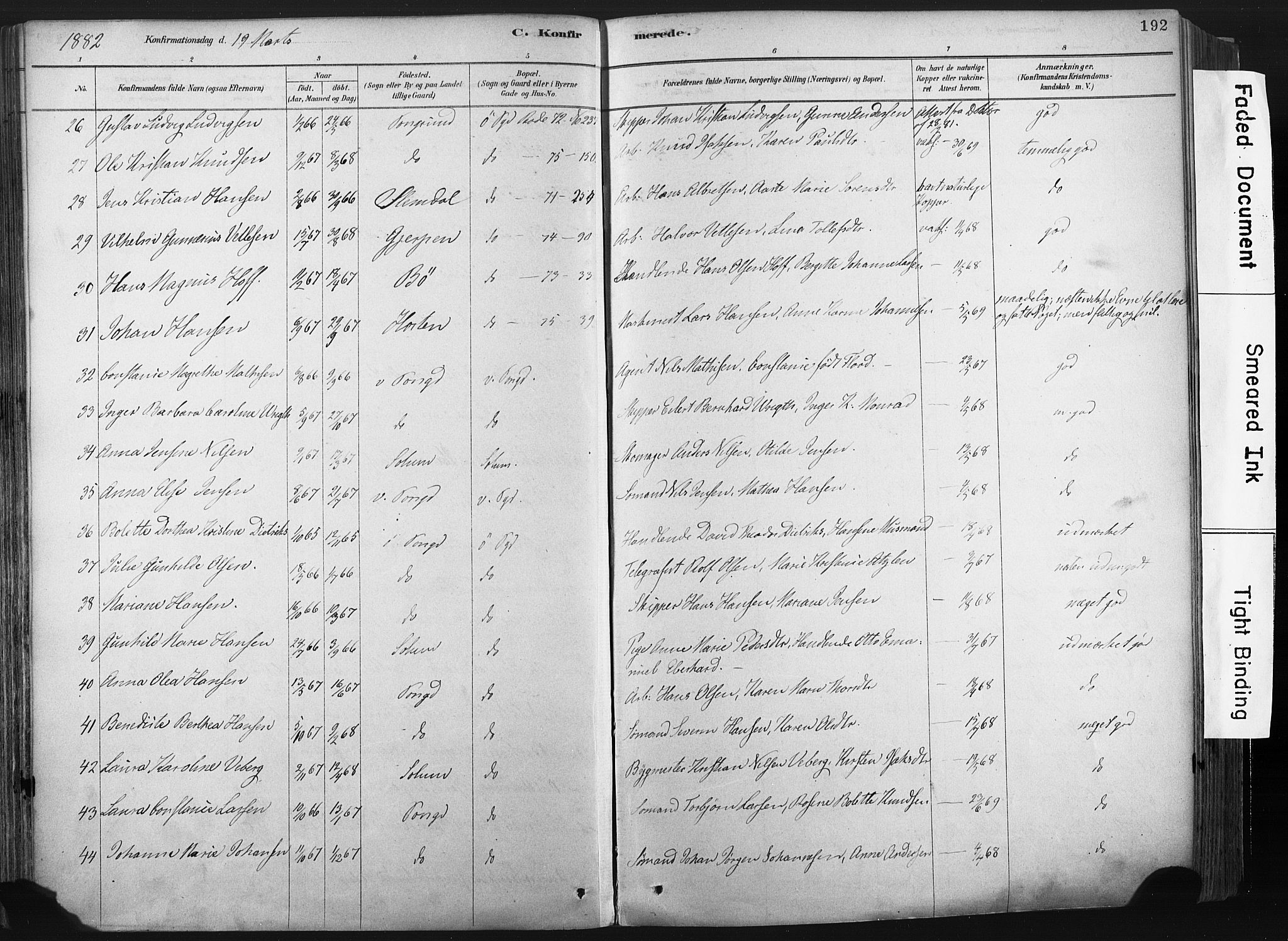 Porsgrunn kirkebøker , AV/SAKO-A-104/F/Fa/L0008: Parish register (official) no. 8, 1878-1895, p. 192