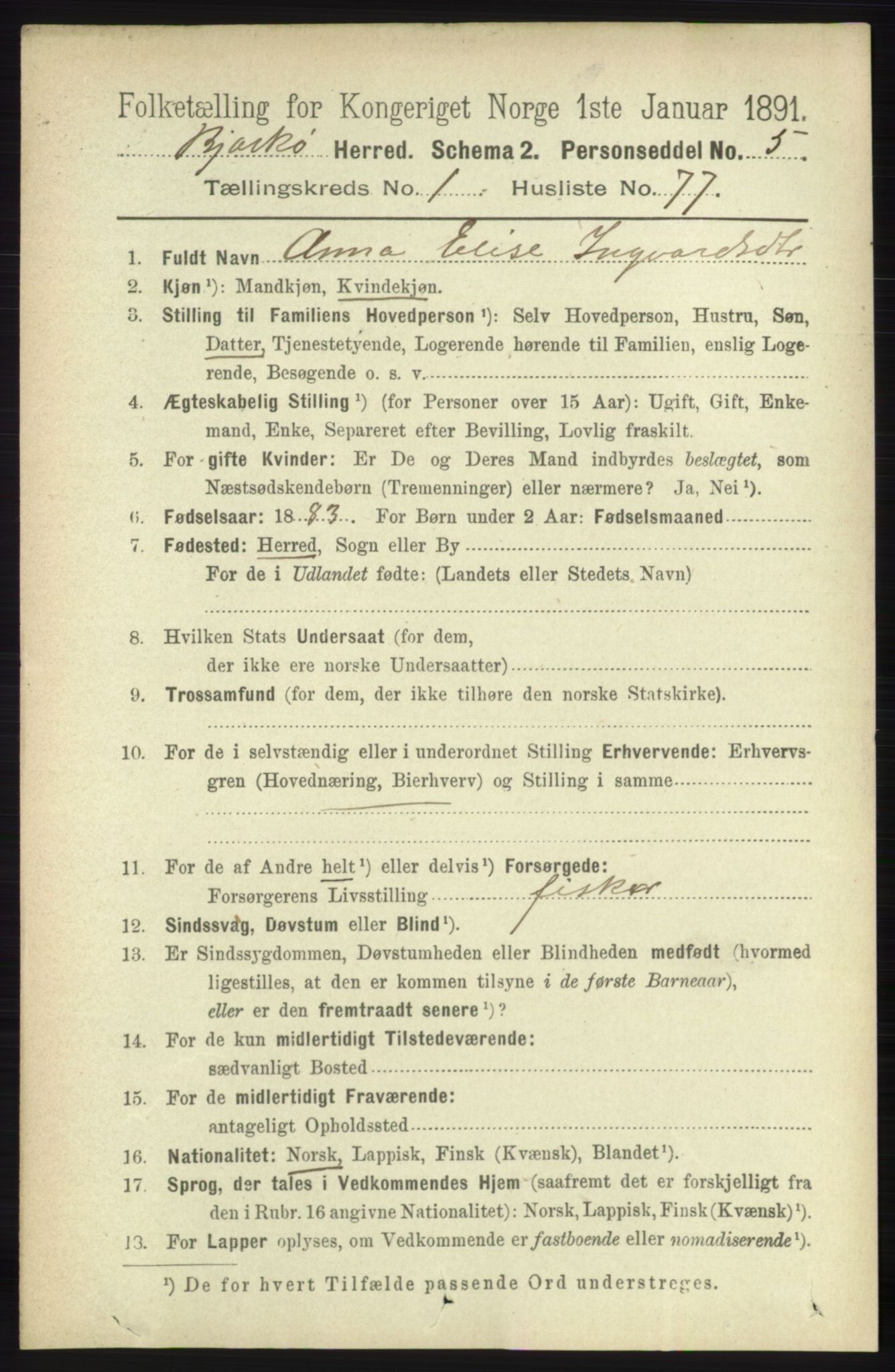 RA, 1891 census for 1915 Bjarkøy, 1891, p. 562