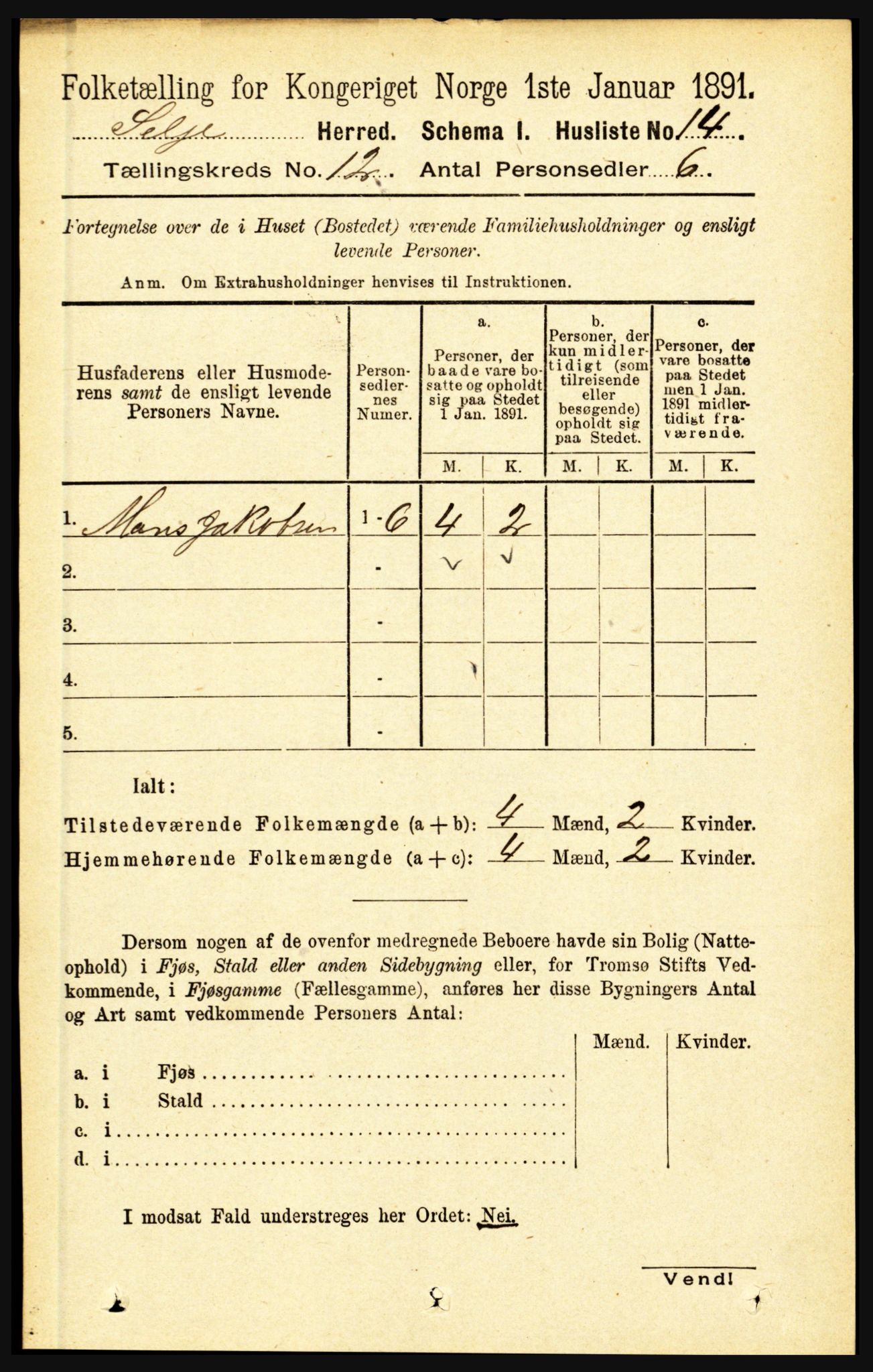 RA, 1891 census for 1441 Selje, 1891, p. 3637