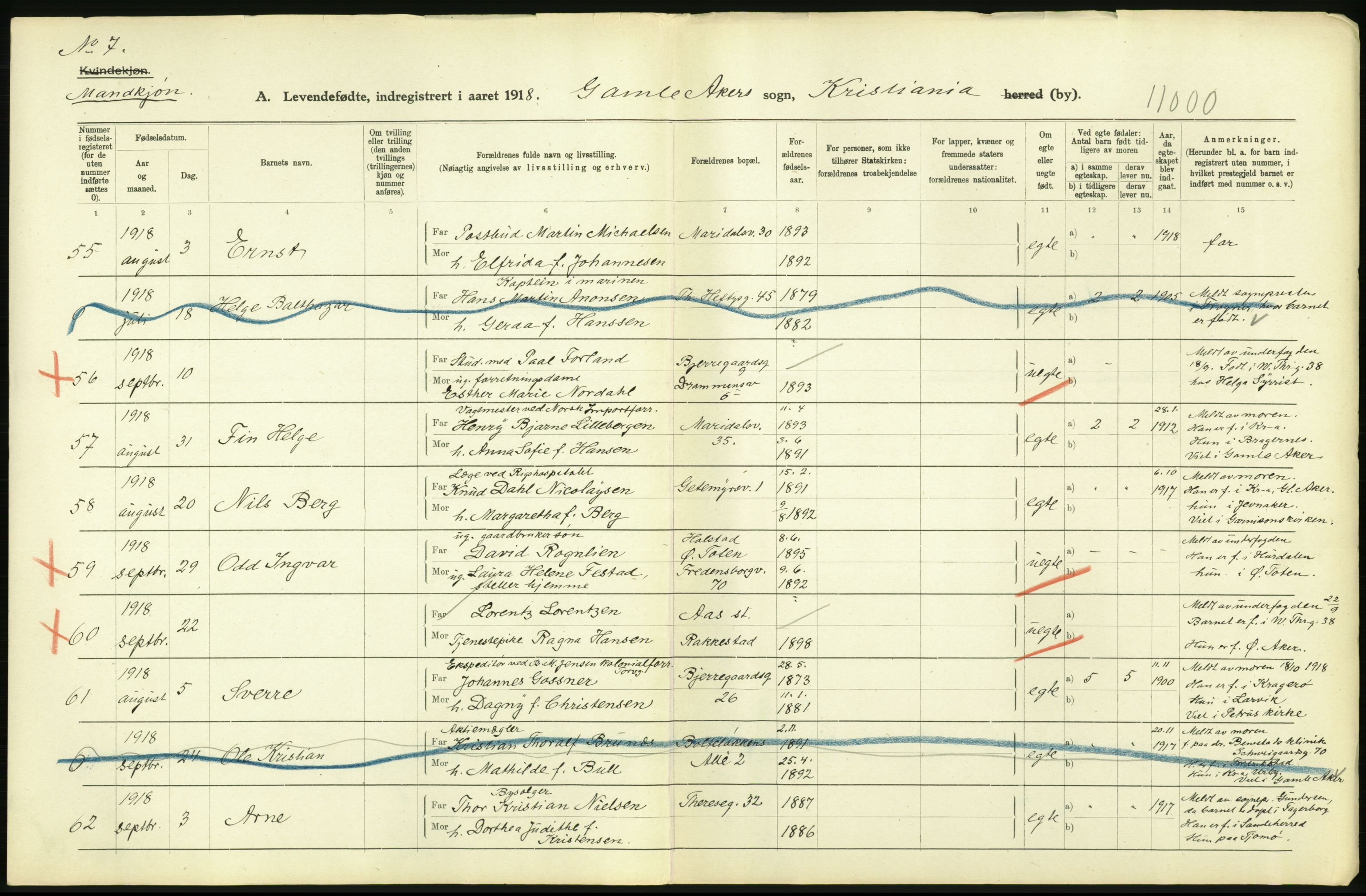 Statistisk sentralbyrå, Sosiodemografiske emner, Befolkning, AV/RA-S-2228/D/Df/Dfb/Dfbh/L0008: Kristiania: Levendefødte menn og kvinner., 1918, p. 96