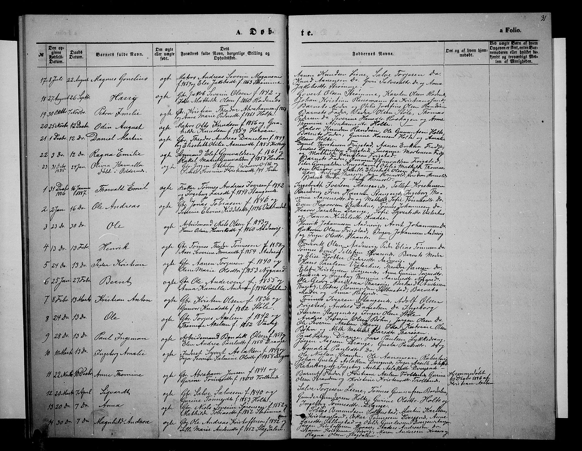 Oddernes sokneprestkontor, SAK/1111-0033/F/Fb/Fbb/L0001: Parish register (copy) no. B 1, 1871-1888, p. 31