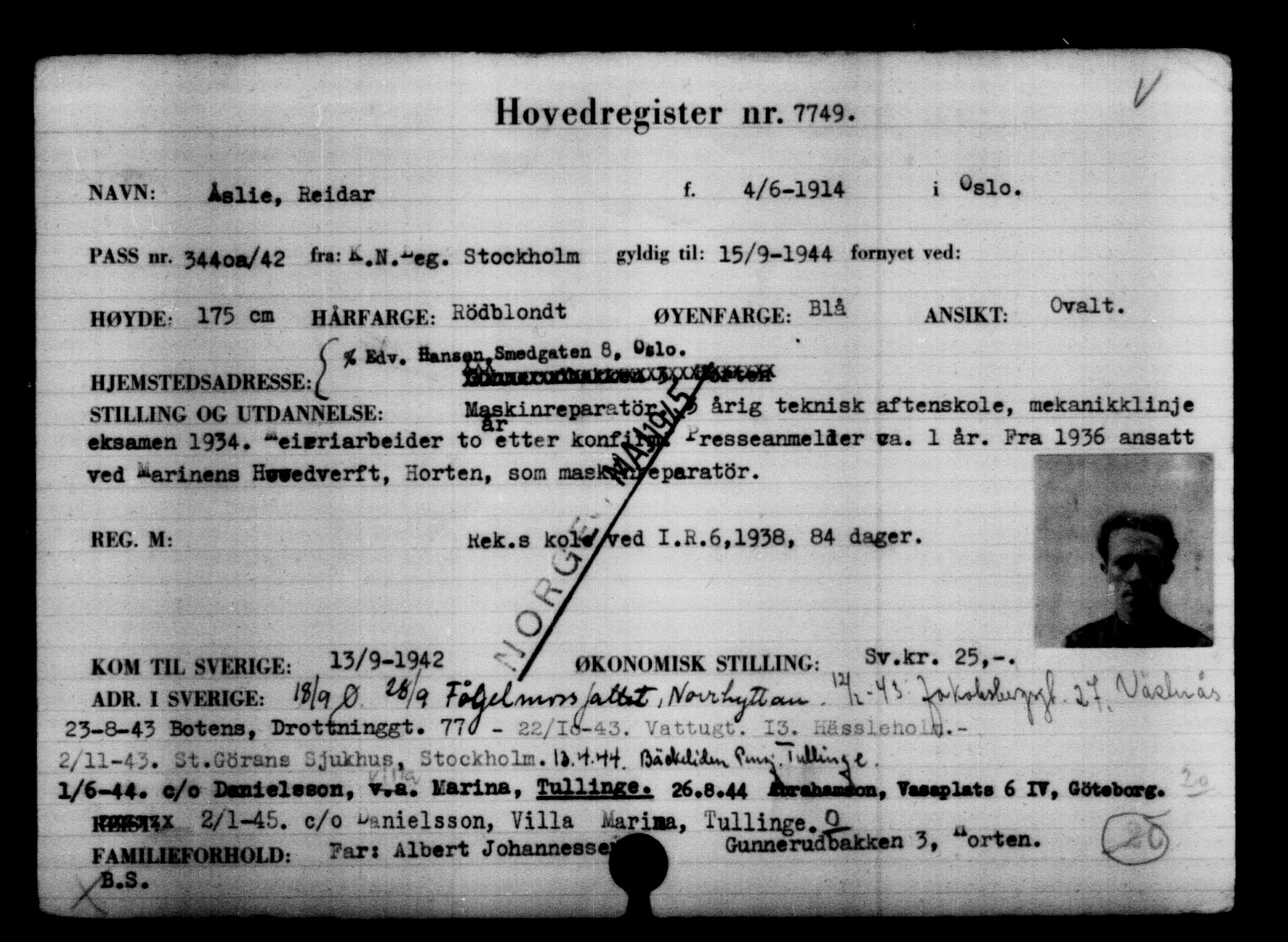 Utenriksstasjonene, Legasjonen i Stockholm, Flyktningkontoret, AV/RA-S-6753/V/Va/L0005: Kjesäterkartoteket, flyktninger med registreringsnr. 6600-9417, 1940-1945, p. 1344