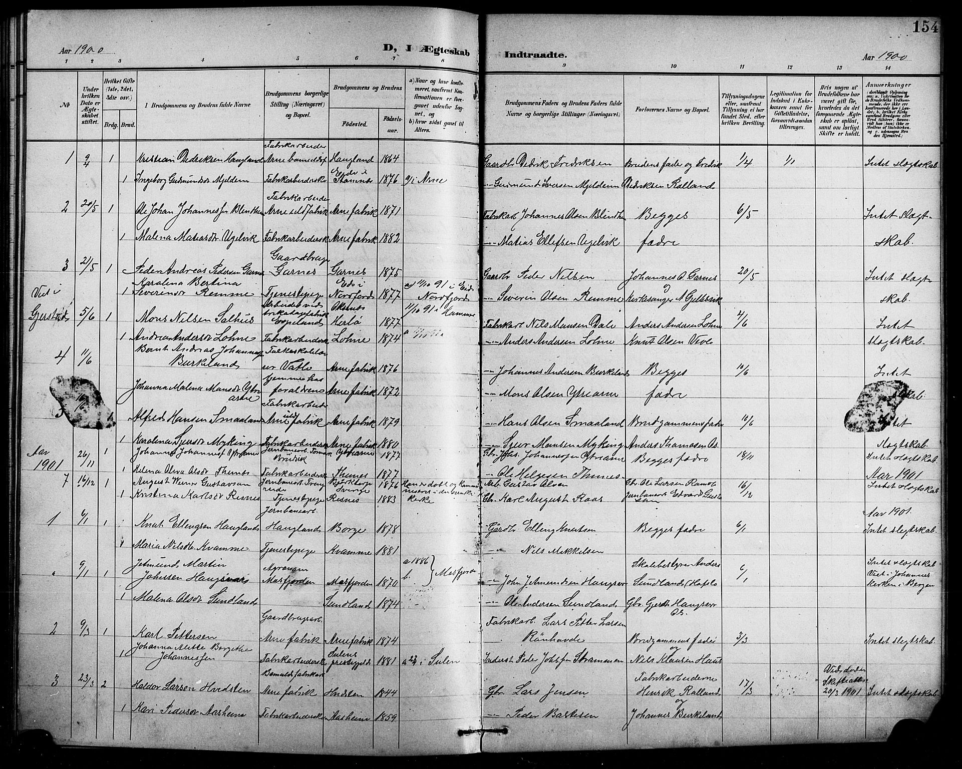 Arna Sokneprestembete, SAB/A-74001/H/Ha/Hab: Parish register (copy) no. A 4, 1898-1910, p. 154