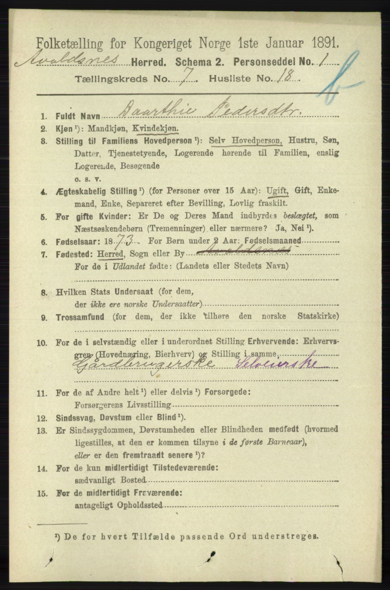 RA, 1891 census for 1147 Avaldsnes, 1891, p. 3740