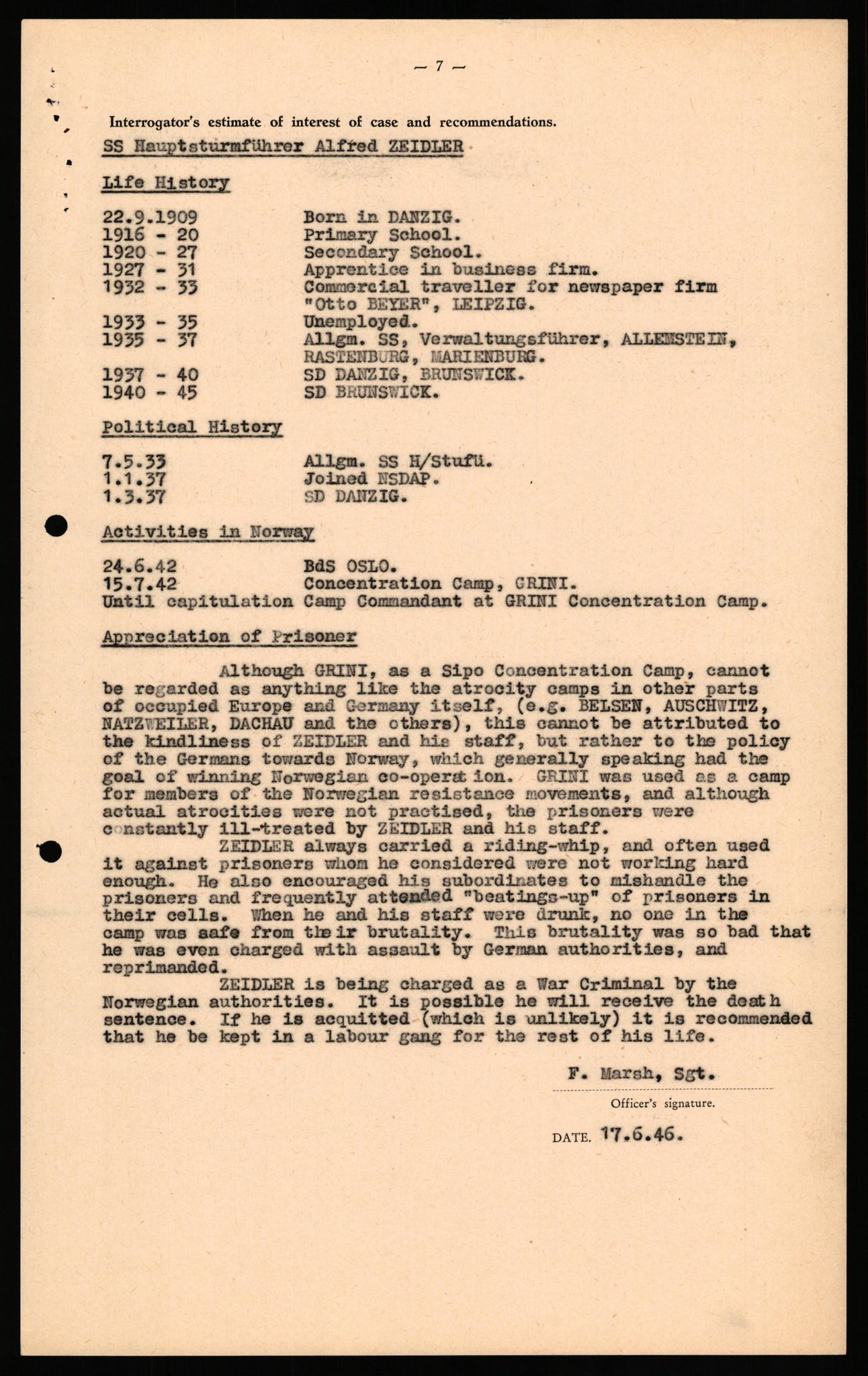 Forsvaret, Forsvarets overkommando II, AV/RA-RAFA-3915/D/Db/L0037: CI Questionaires. Tyske okkupasjonsstyrker i Norge. Tyskere., 1945-1946, p. 114