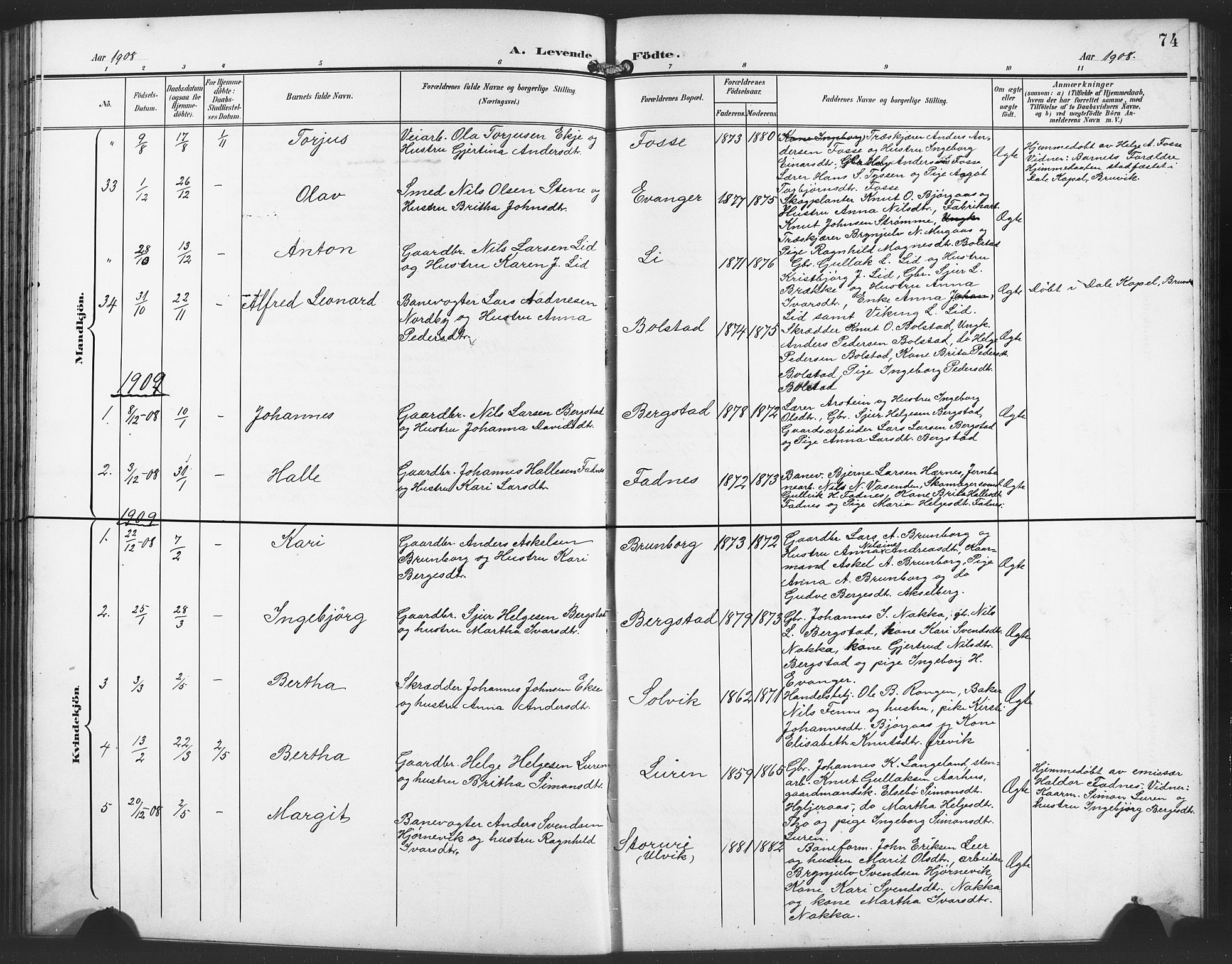 Evanger sokneprestembete, SAB/A-99924: Parish register (copy) no. A 5, 1897-1917, p. 74