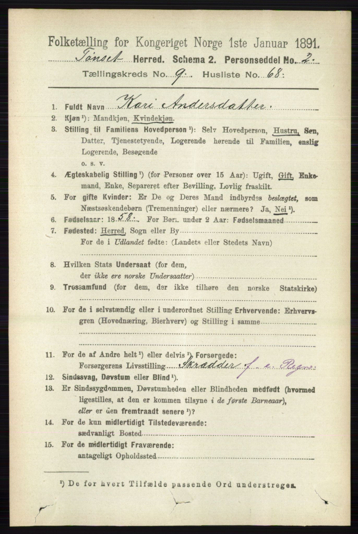 RA, 1891 census for 0437 Tynset, 1891, p. 2802