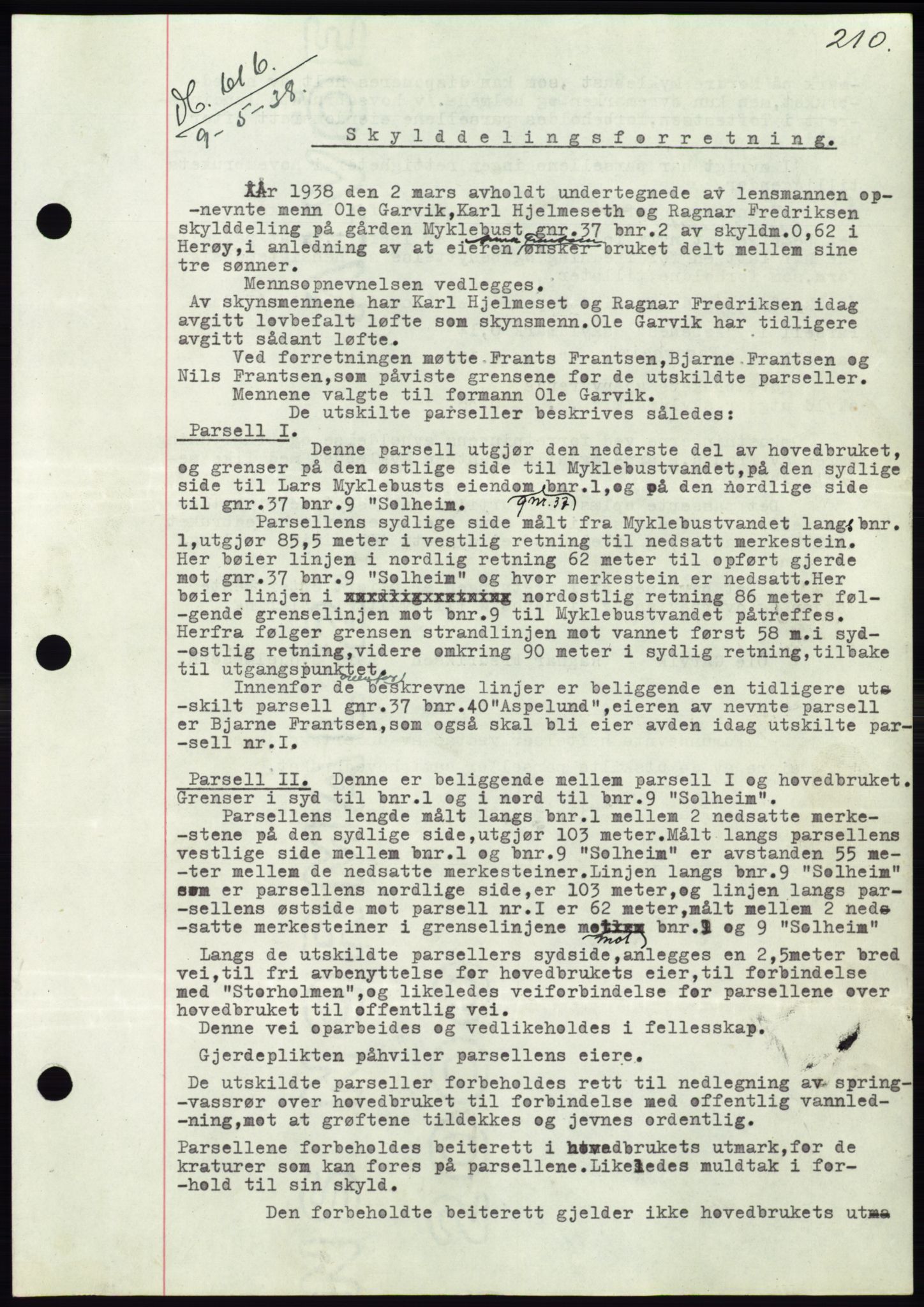 Søre Sunnmøre sorenskriveri, AV/SAT-A-4122/1/2/2C/L0065: Mortgage book no. 59, 1938-1938, Diary no: : 616/1938