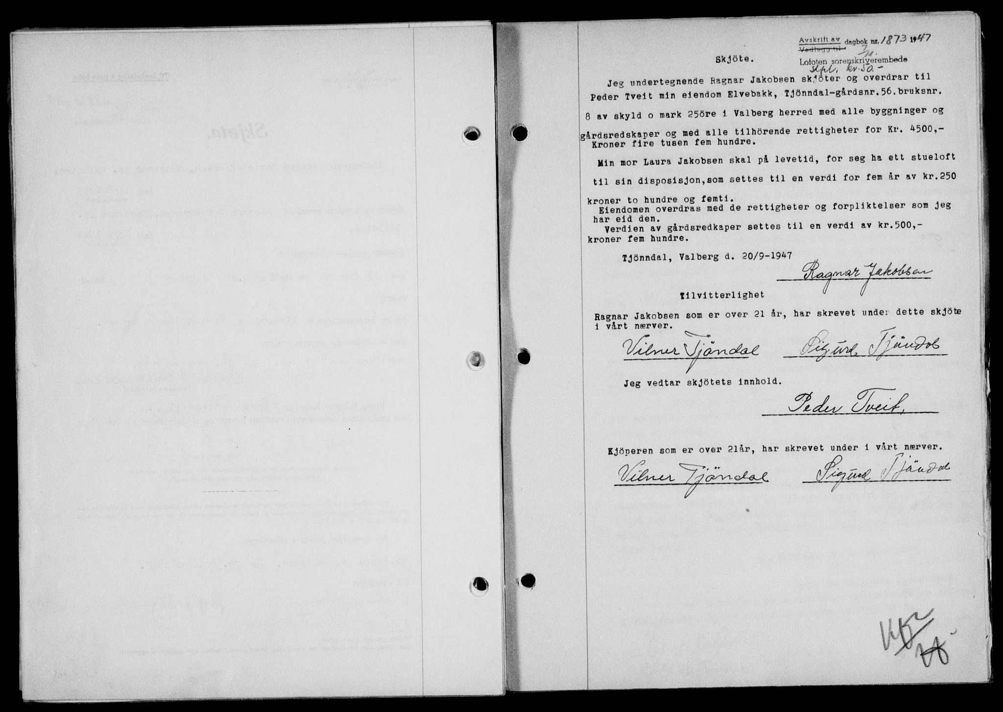 Lofoten sorenskriveri, SAT/A-0017/1/2/2C/L0017a: Mortgage book no. 17a, 1947-1948, Diary no: : 1873/1947