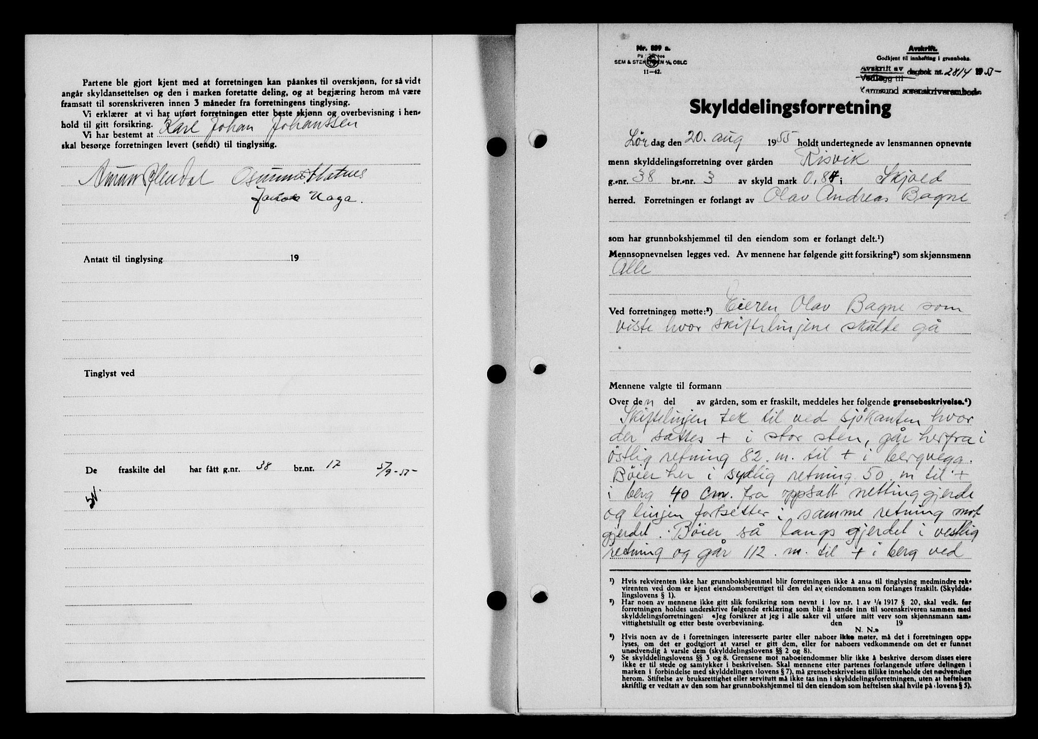 Karmsund sorenskriveri, SAST/A-100311/01/II/IIB/L0117: Mortgage book no. 97Aa, 1955-1955, Diary no: : 2814/1955