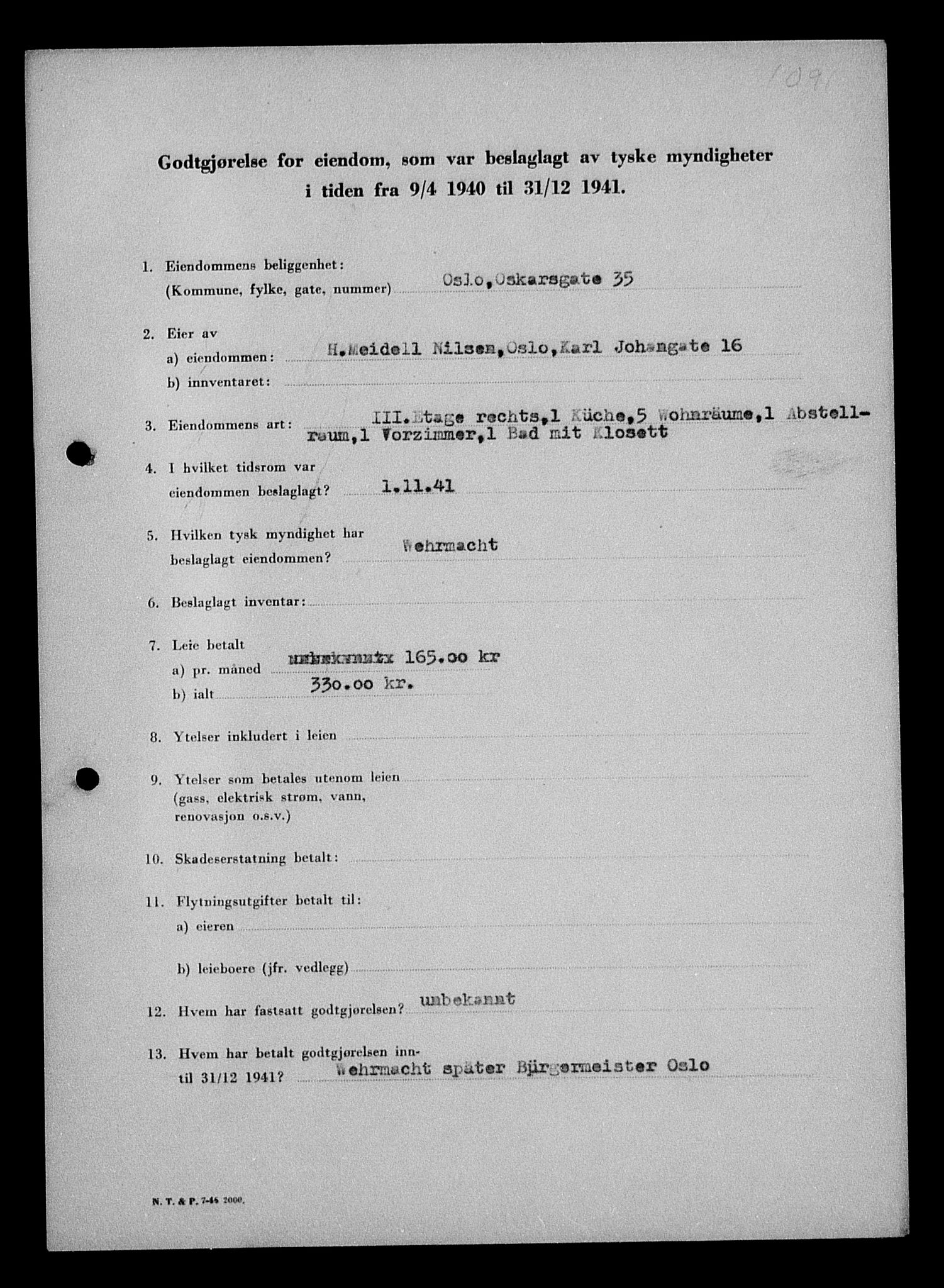 Justisdepartementet, Tilbakeføringskontoret for inndratte formuer, AV/RA-S-1564/I/L1011: Godtgjørelse for beslaglagt eiendom, 1940-1941, p. 292