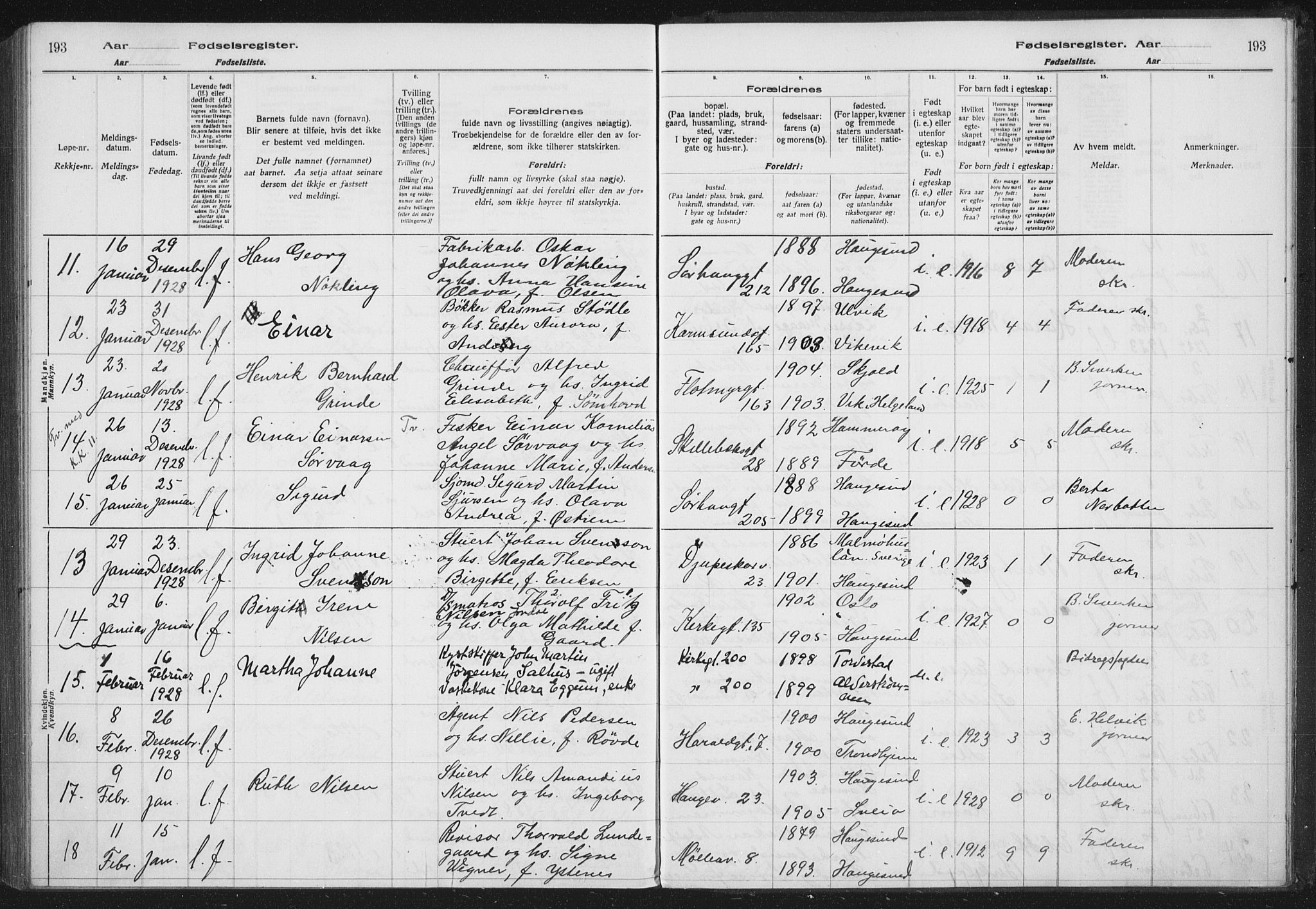 Haugesund sokneprestkontor, AV/SAST-A -101863/I/Id/L0005: Birth register no. 3, 1923-1929, p. 193