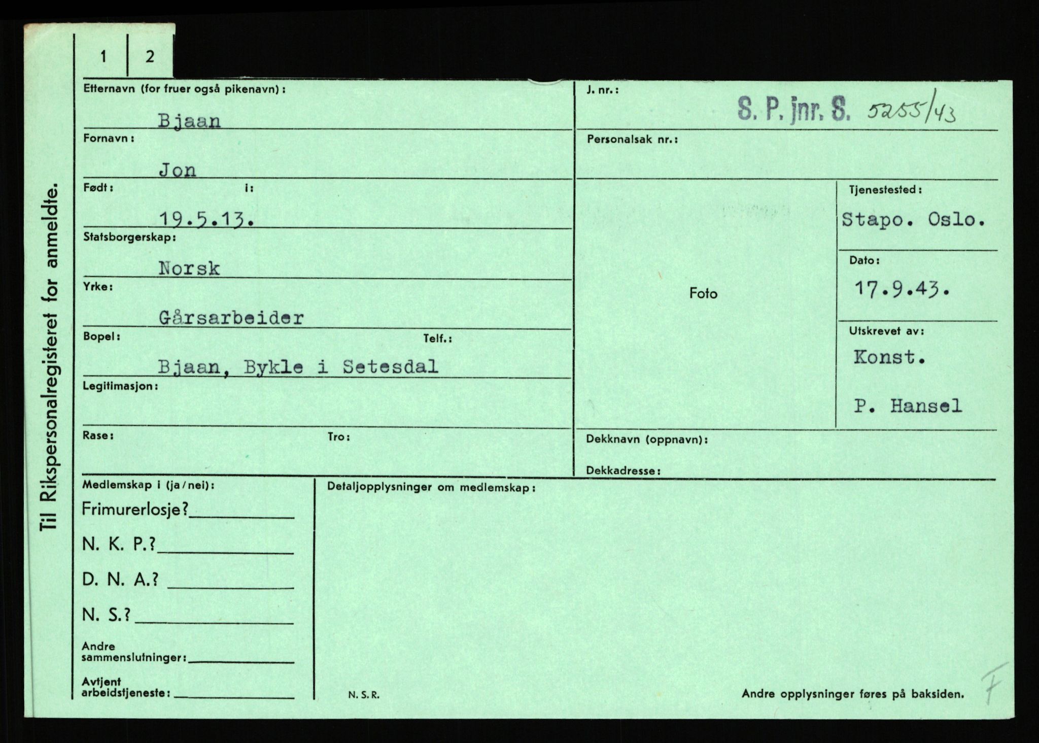 Statspolitiet - Hovedkontoret / Osloavdelingen, AV/RA-S-1329/C/Ca/L0002: Arneberg - Brand, 1943-1945, p. 3364