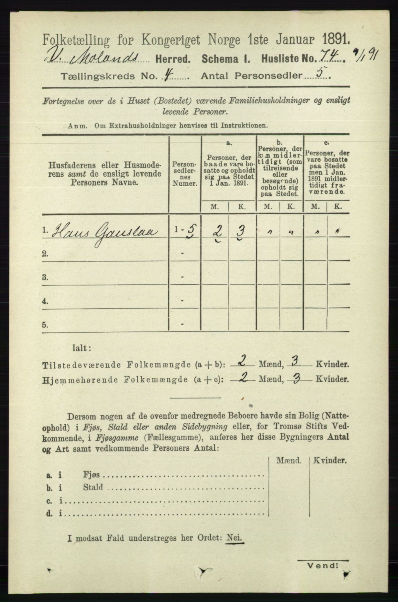 RA, 1891 census for 0926 Vestre Moland, 1891, p. 1217