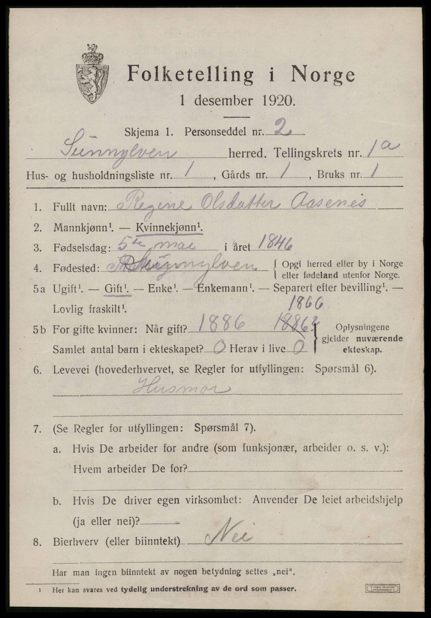 SAT, 1920 census for Sunnylven, 1920, p. 608