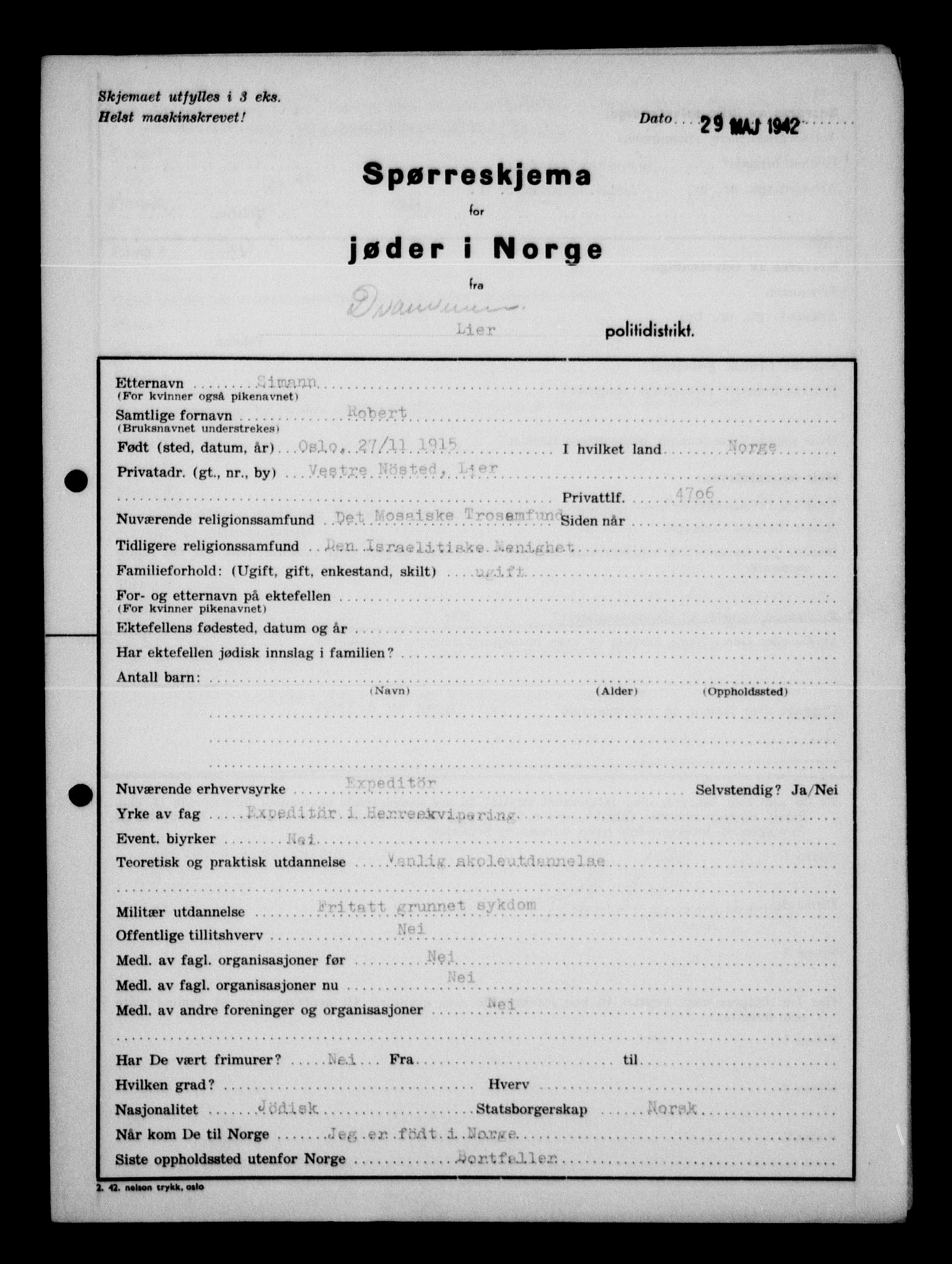 Statspolitiet - Hovedkontoret / Osloavdelingen, AV/RA-S-1329/G/Ga/L0012: Spørreskjema for jøder i Norge. 1: Aker 114- 207 (Levinson-Wozak) og 656 (Salomon). 2: Arendal-Hordaland. 3: Horten-Romerike.  , 1942, p. 417