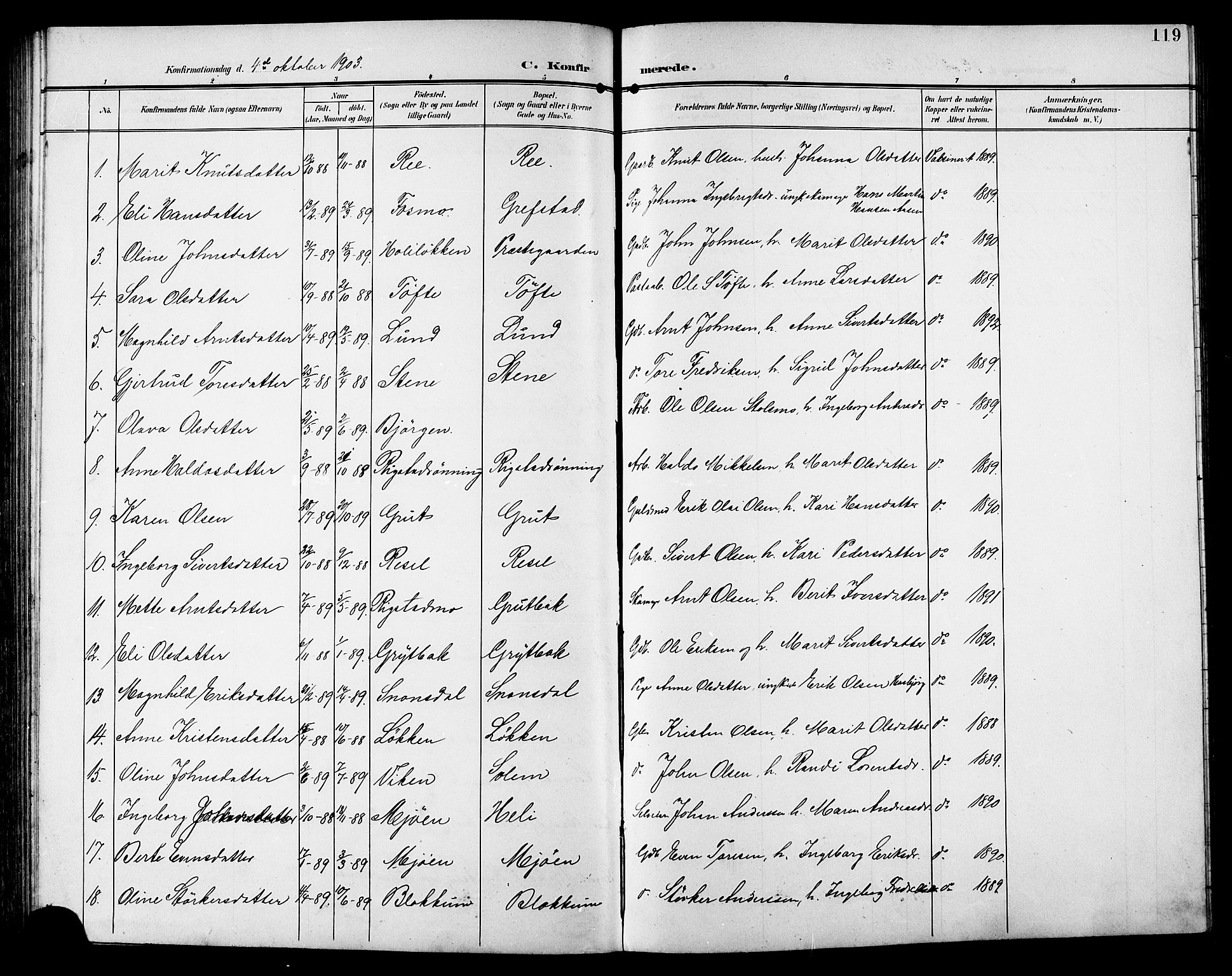 Ministerialprotokoller, klokkerbøker og fødselsregistre - Sør-Trøndelag, SAT/A-1456/672/L0864: Parish register (copy) no. 672C03, 1902-1914, p. 119
