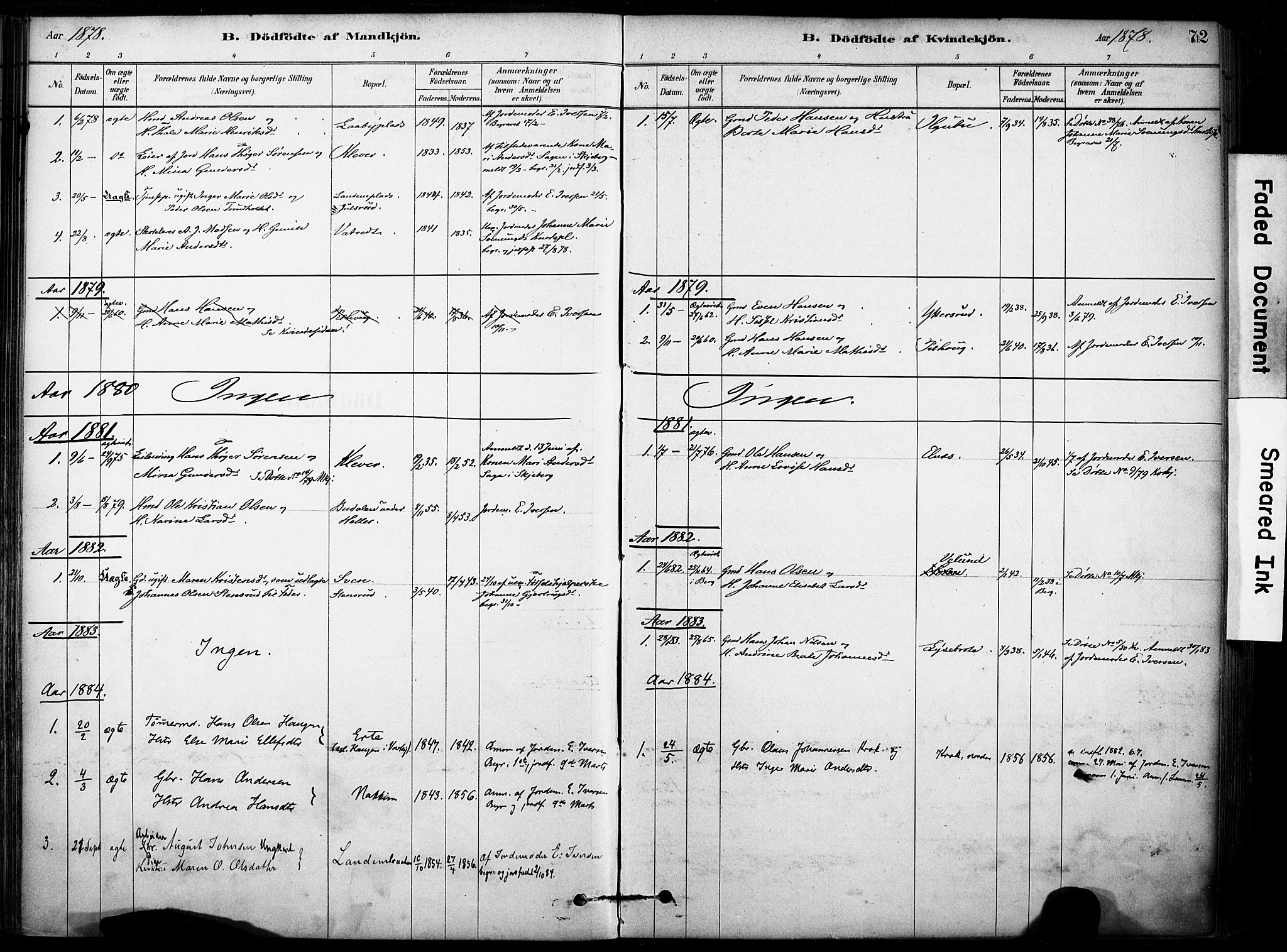 Rakkestad prestekontor Kirkebøker, AV/SAO-A-2008/F/Fb/L0001: Parish register (official) no. II 1, 1878-1899, p. 72